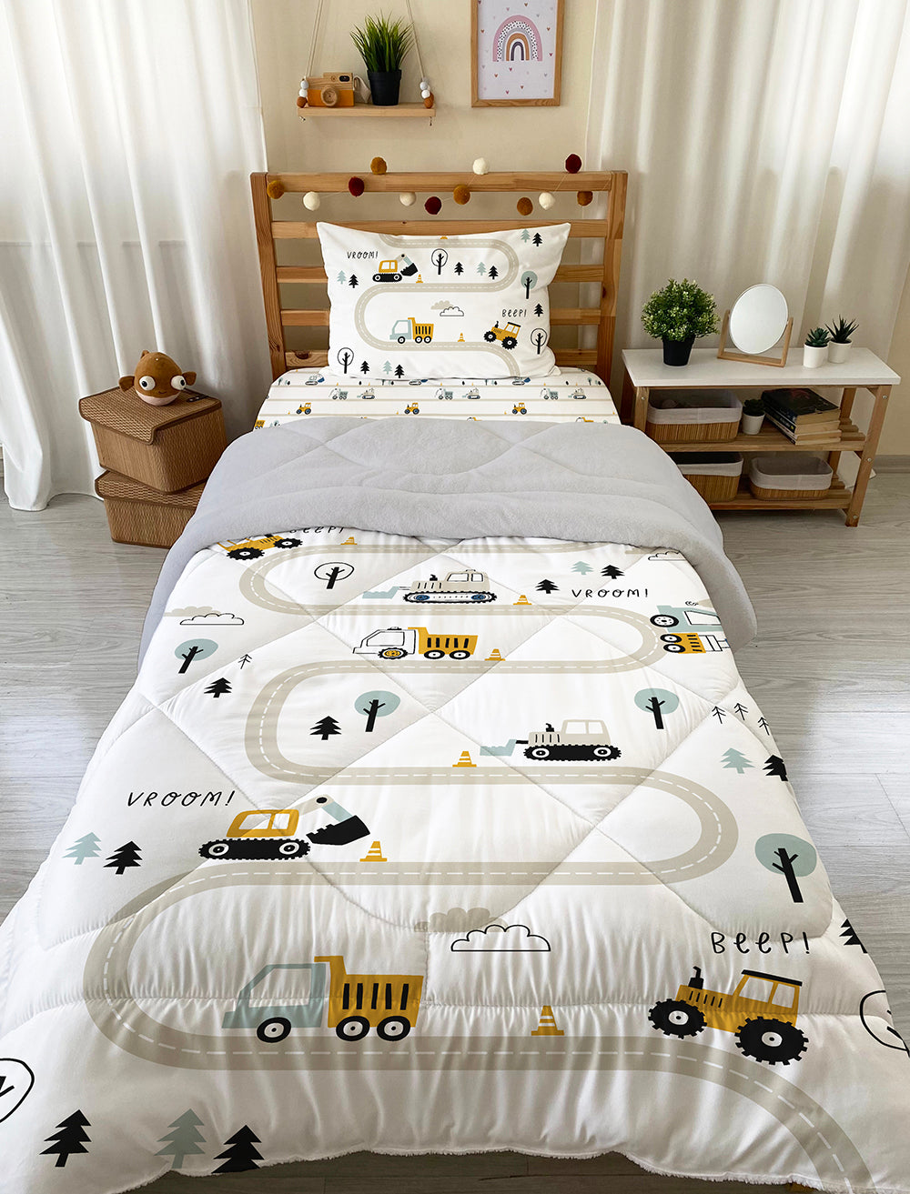 Evmila Cars and Road Patterned Plush Sleeping Set (Gray Plush)