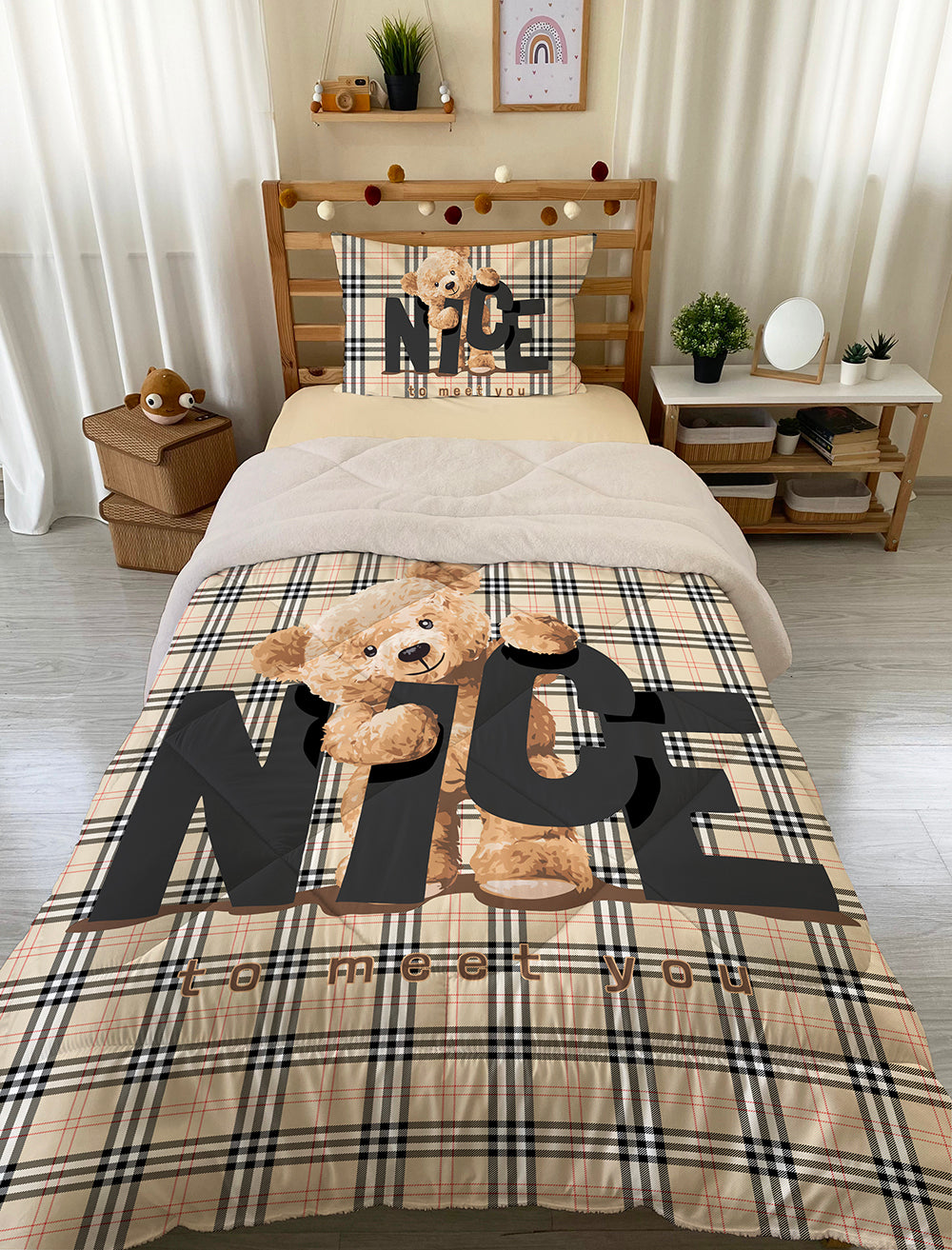 Evmila Teddy Bear Patterned Plush Sleeping Set (Beige Plush)