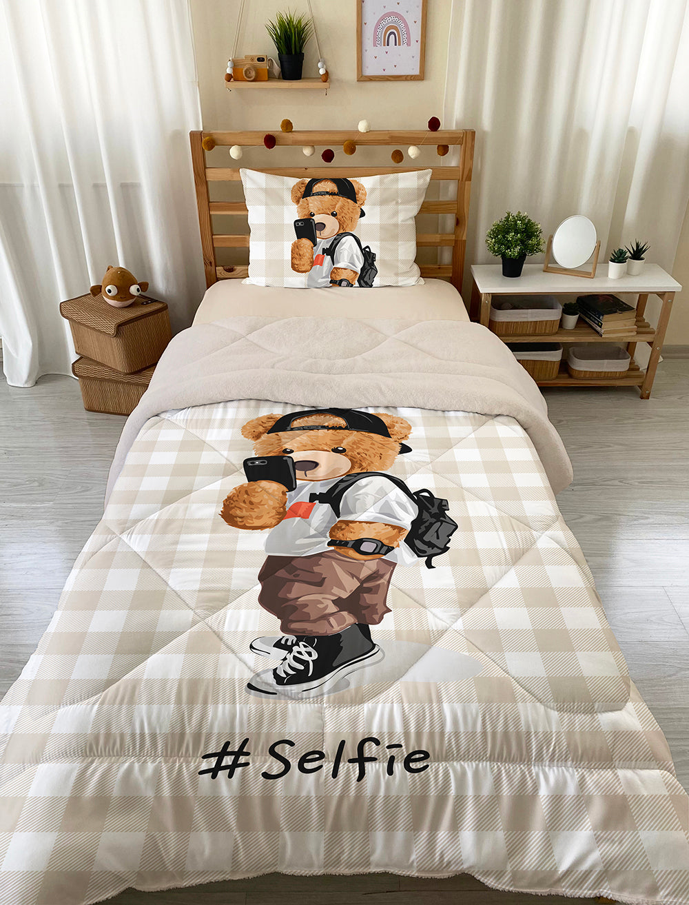 Evmila Teddy Bear Patterned Plush Sleeping Set (Beige Plush)
