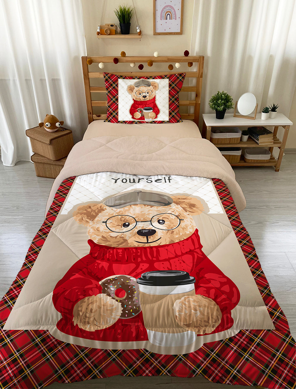 Evmila Teddy Bear Patterned Plush Sleeping Set (Beige Plush)