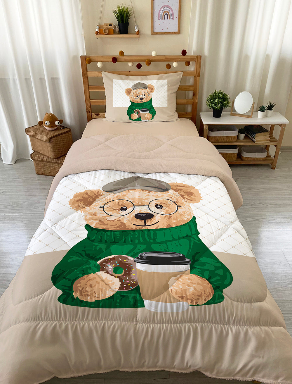 Evmila Teddy Bear Patterned Plush Sleeping Set (Beige Plush)