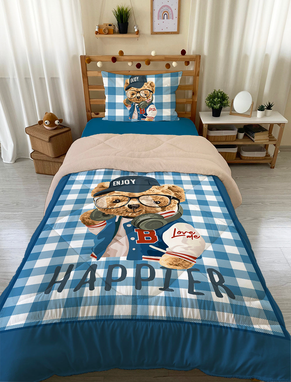 Evmila Teddy Bear Patterned Plush Sleeping Set (Beige Plush)