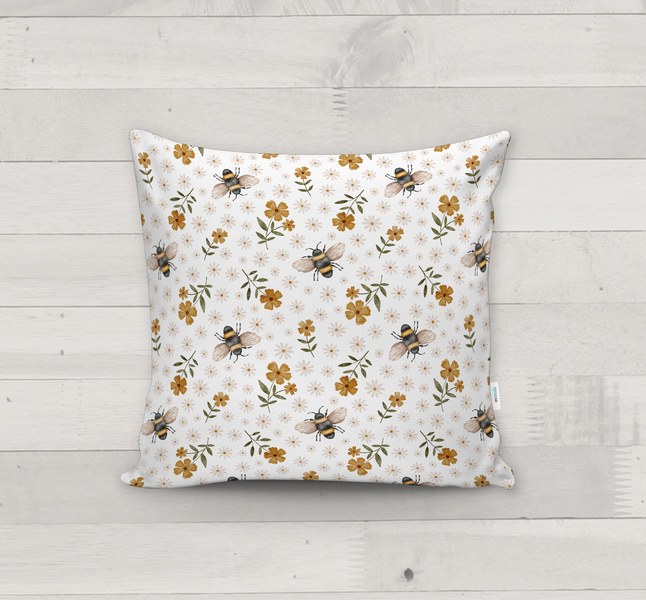 Evmila Arılar ve Çiçek Desenli Kırlent Kılıfı