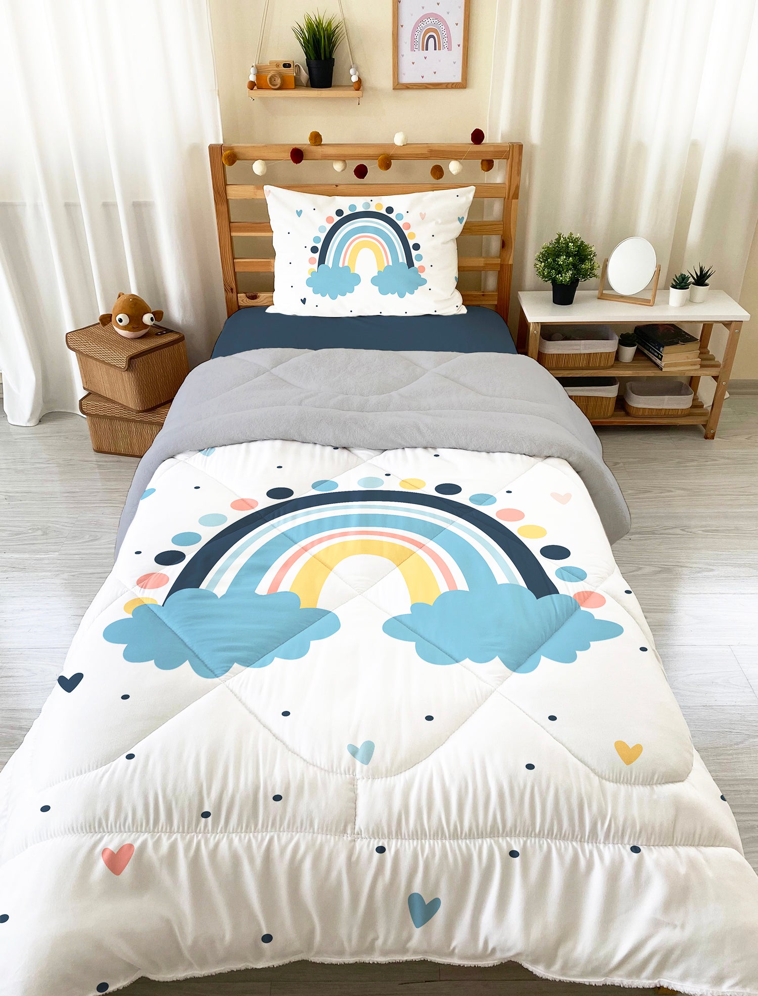 Evmila Rainbow Patterned Plush Sleeping Set (Gray Plush)