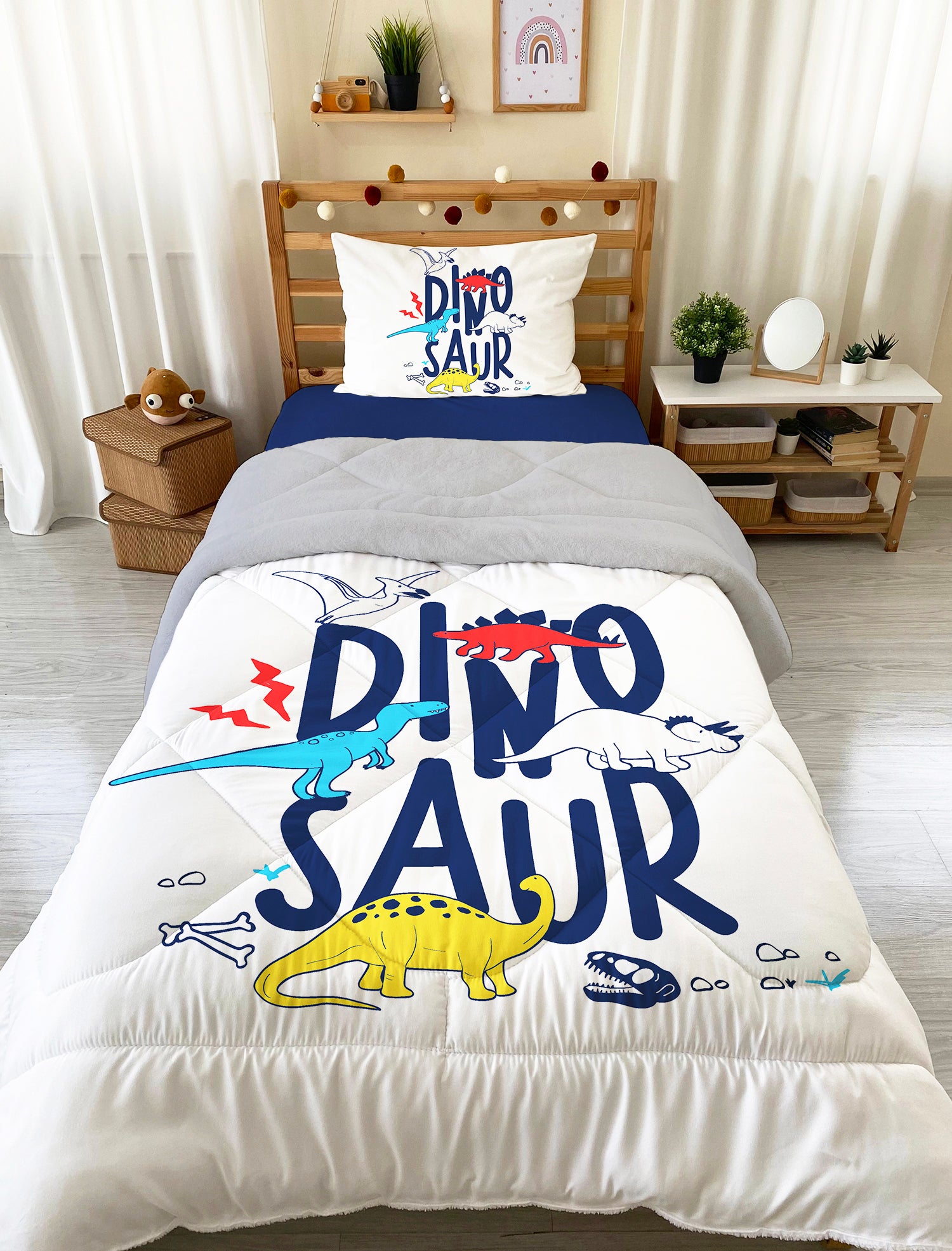 Evmila Dinosaur Patterned Plush Sleeping Set (Gray Plush)