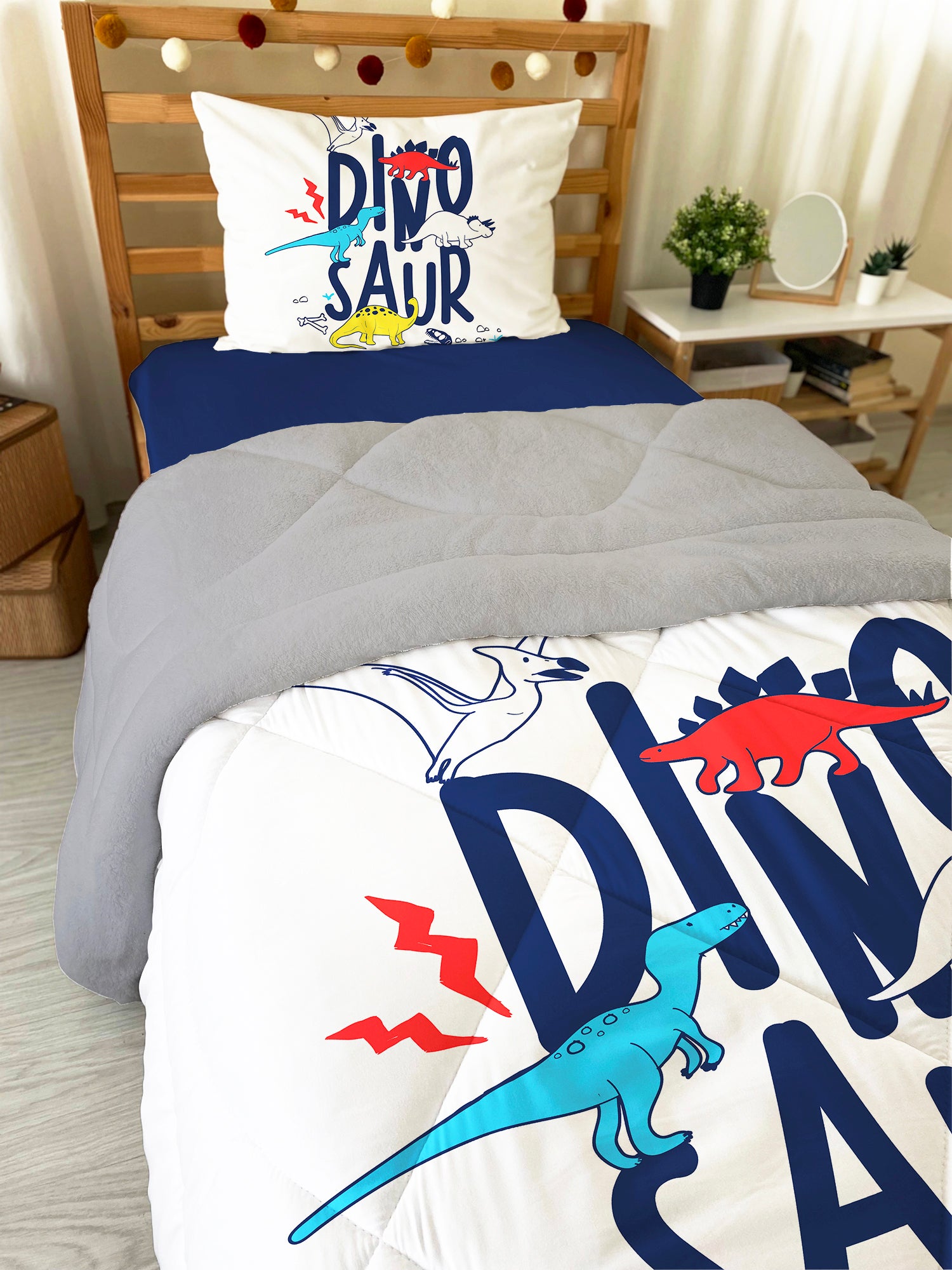 Evmila Dinosaur Patterned Plush Sleeping Set (Gray Plush)