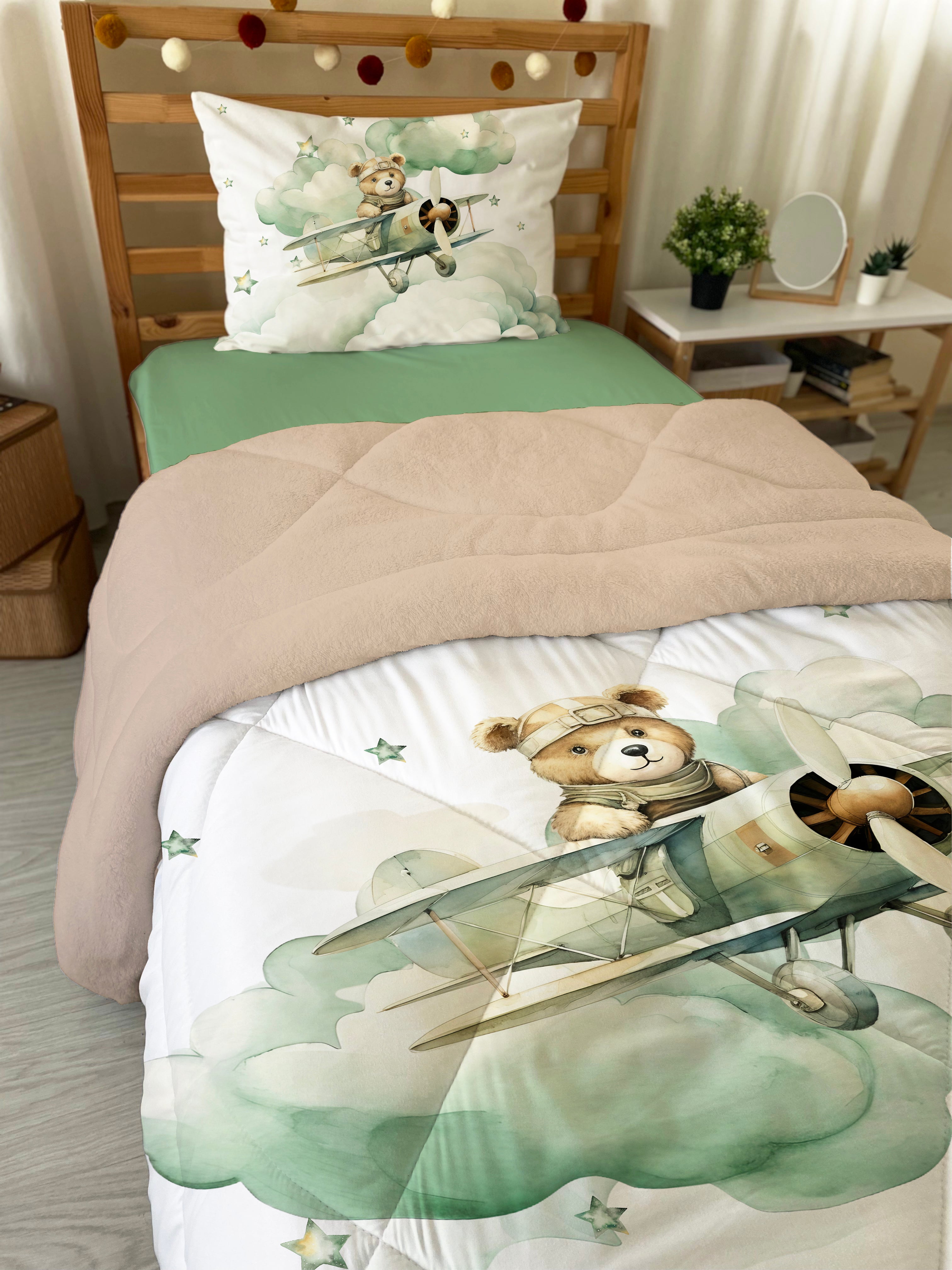 Evmila Pilot Ayıcık Desenli Peluş Uyku Seti (Bej Peluş)