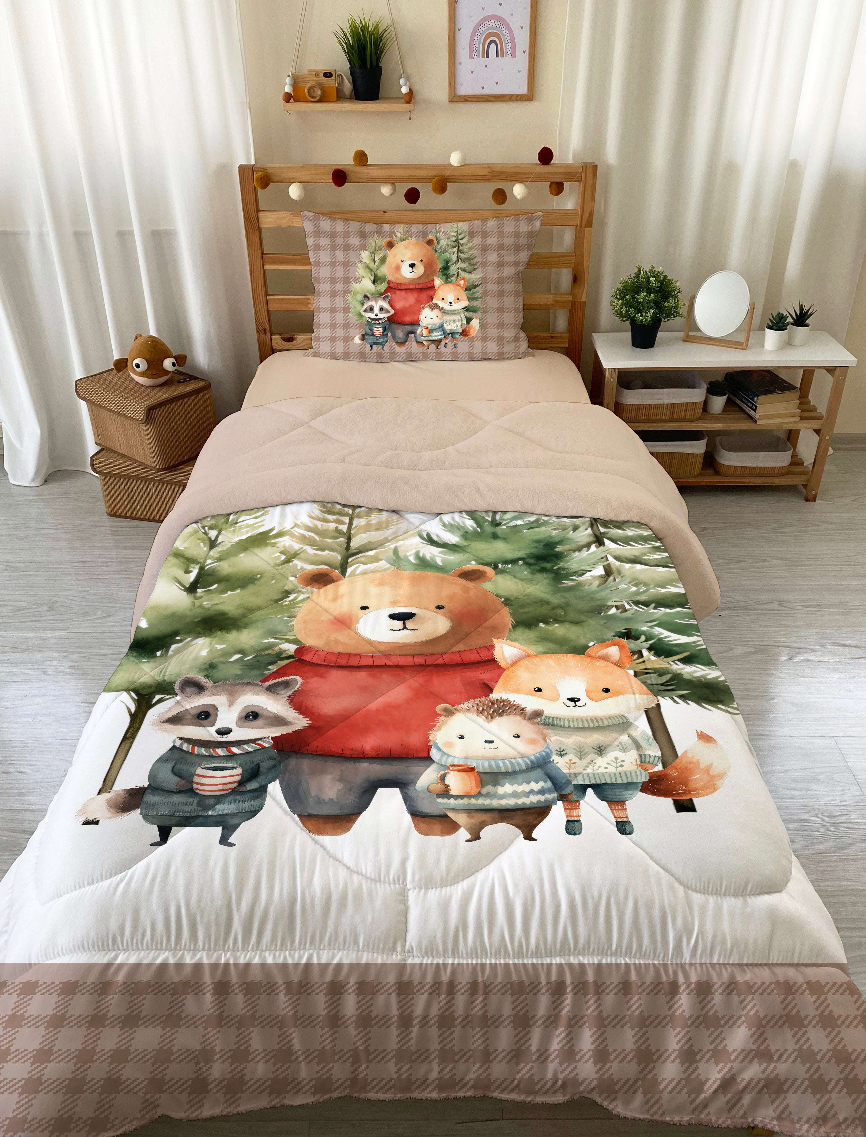 Evmila Cute Animals Patterned Plush Sleeping Set (Beige Plush)