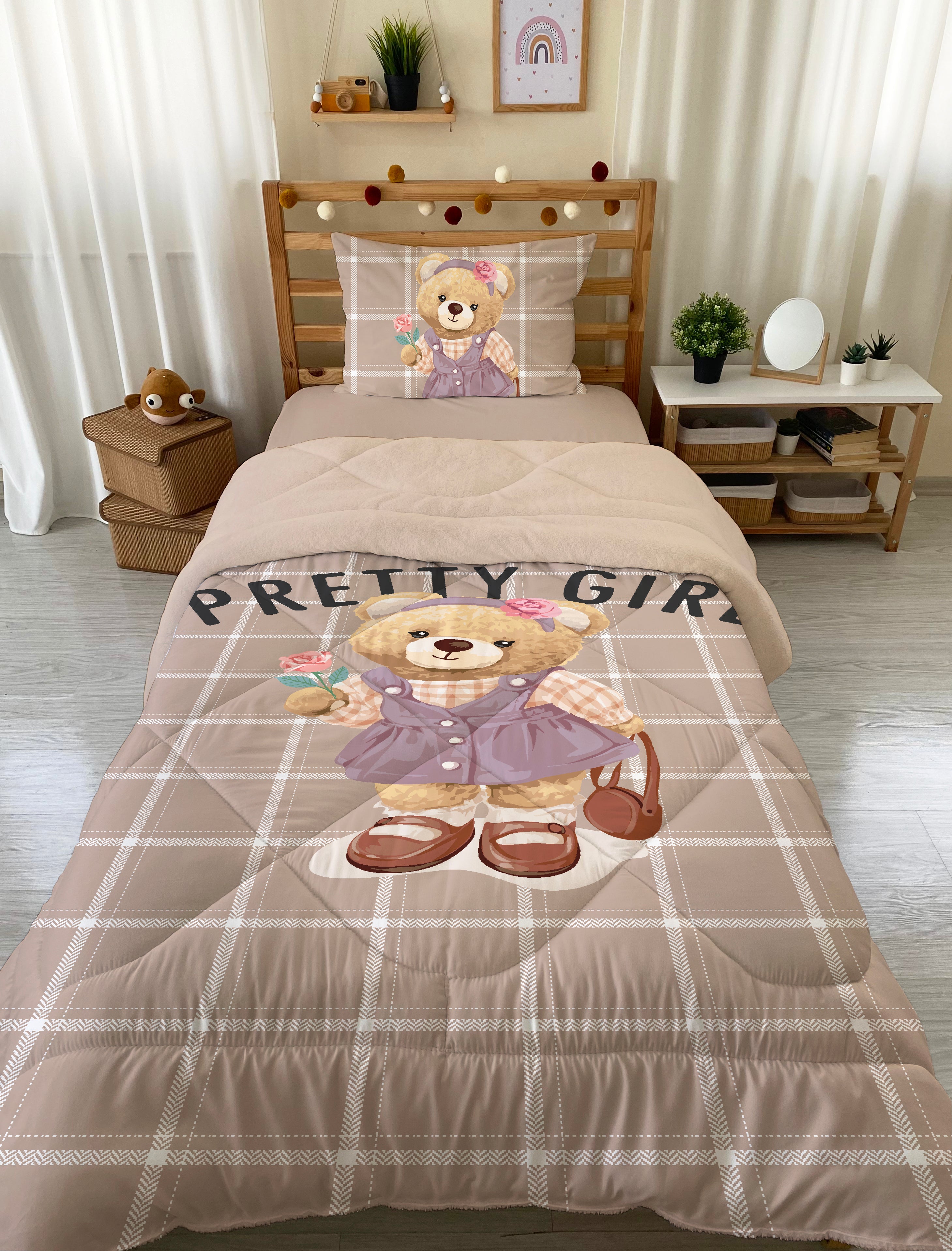Evmila Cute Animals Patterned Plush Sleeping Set (Beige Plush)