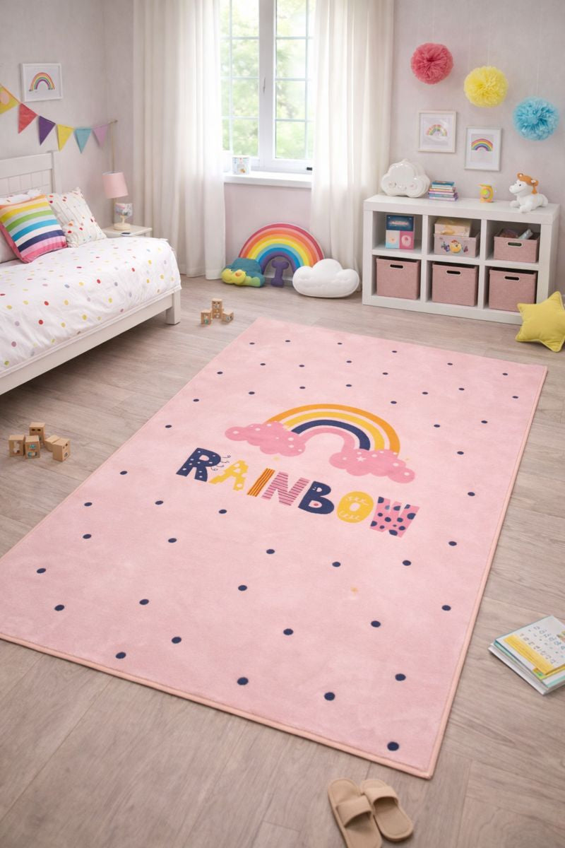 Evmila Pembe Rainbow Gökkuşağı Desenli Çocuk Halısı