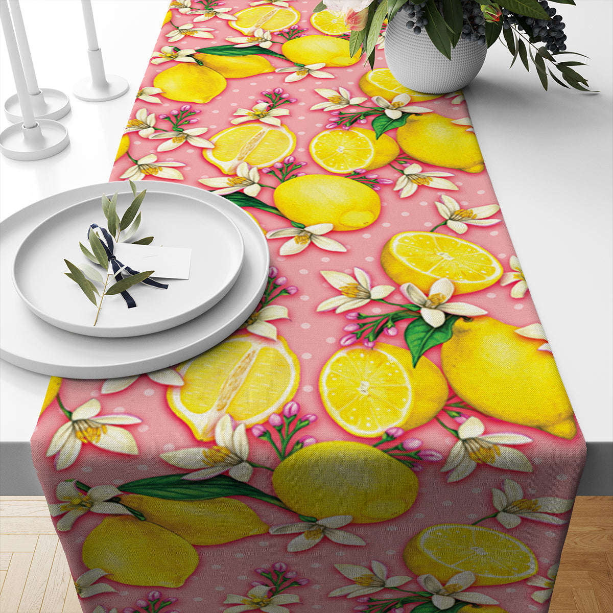 Evmila Pembe Limon Çiçekleri Desenli Runner Model