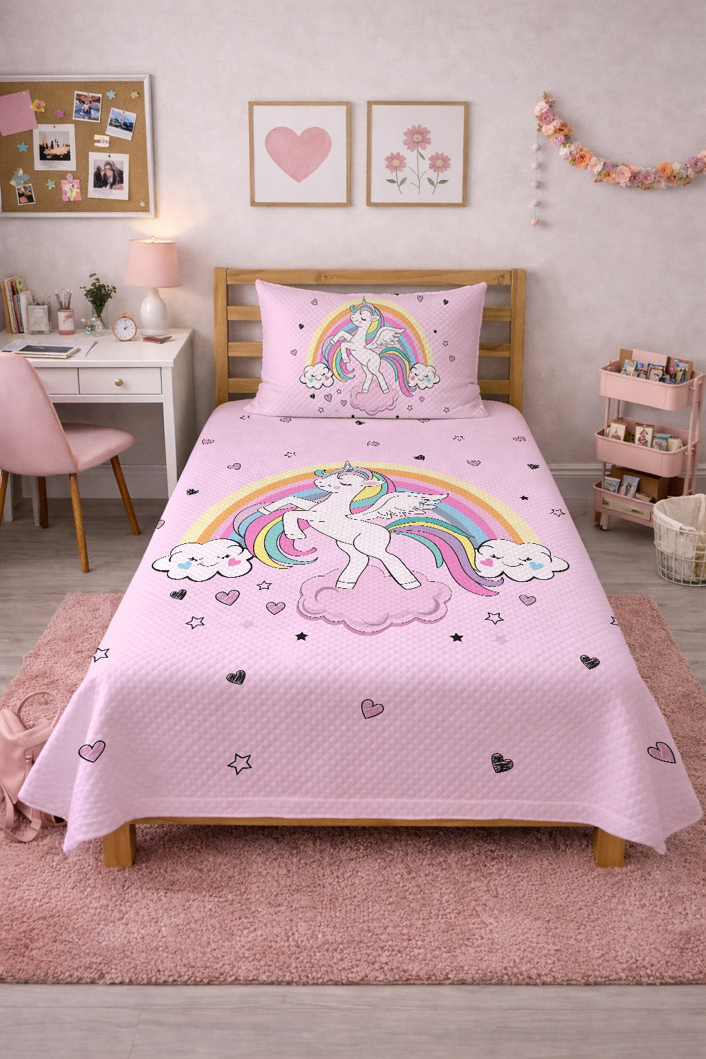 Evmila Pembe Bulutlu Gökkuşağı Unicorn Desenli Pike