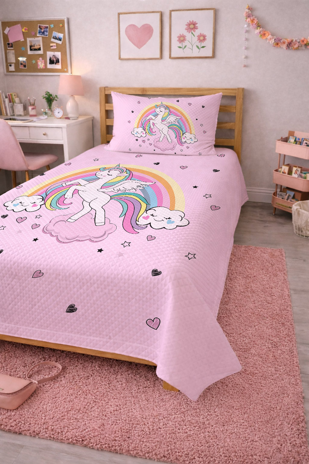 Evmila Pembe Bulutlu Gökkuşağı Unicorn Desenli Pike