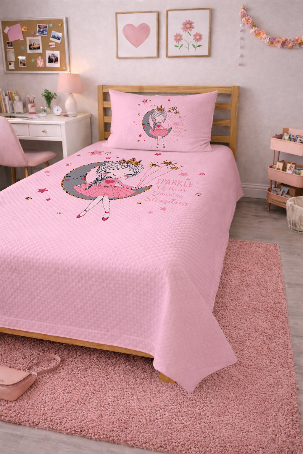 Evmila Pembe Ayda Prenses Kız Desenli Pike