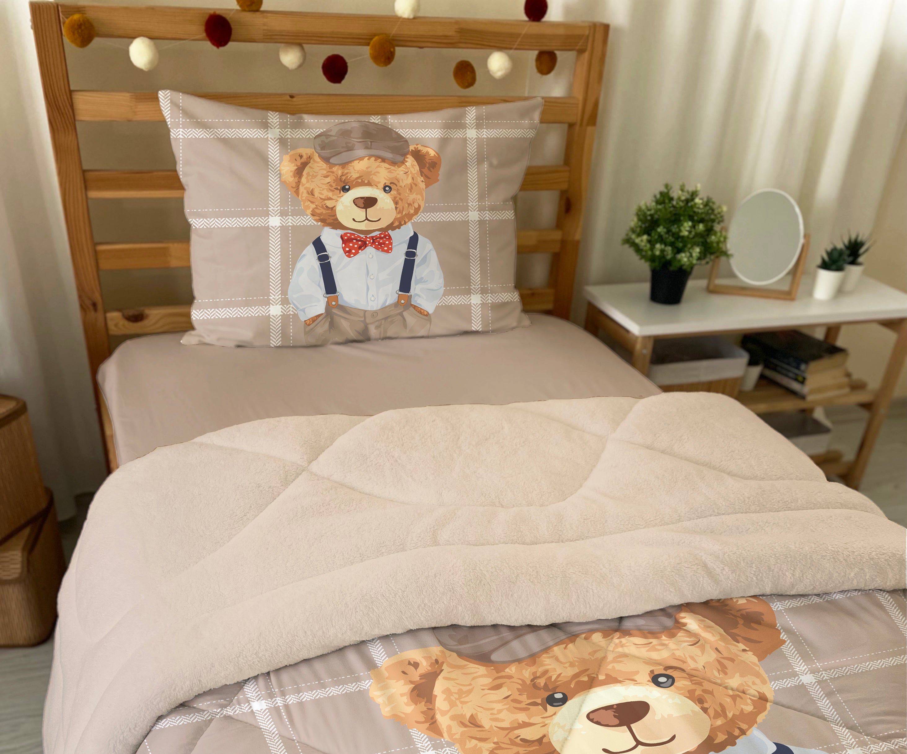 Evmila Ayıcık Desenli Peluş Uyku Seti (Bej Peluş)