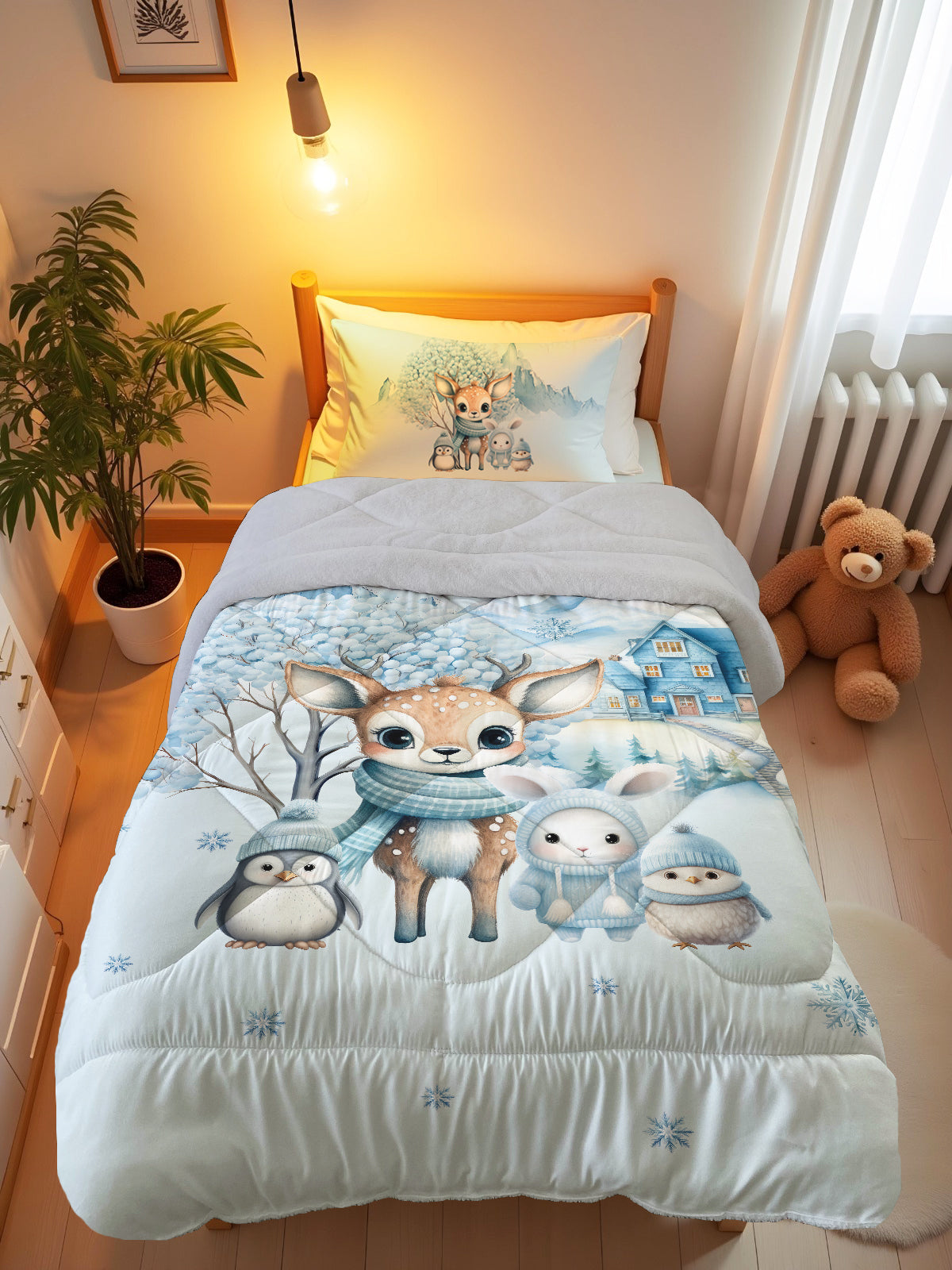 Evmila Sevimli Kutup Hayvanları Desenli Peluş Uyku Seti (Gri Peluş)