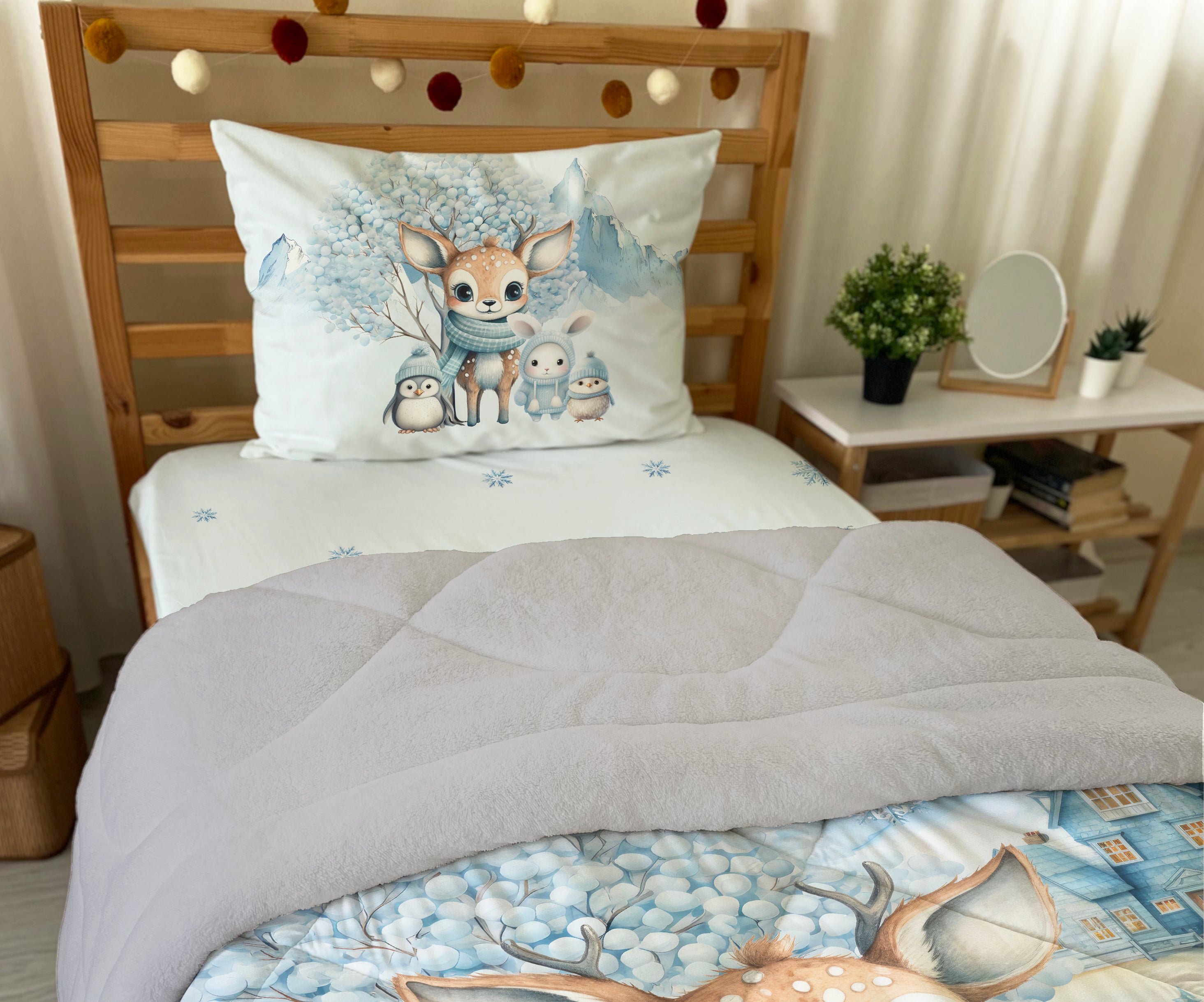 Evmila Sevimli Kutup Hayvanları Desenli Peluş Uyku Seti (Gri Peluş)