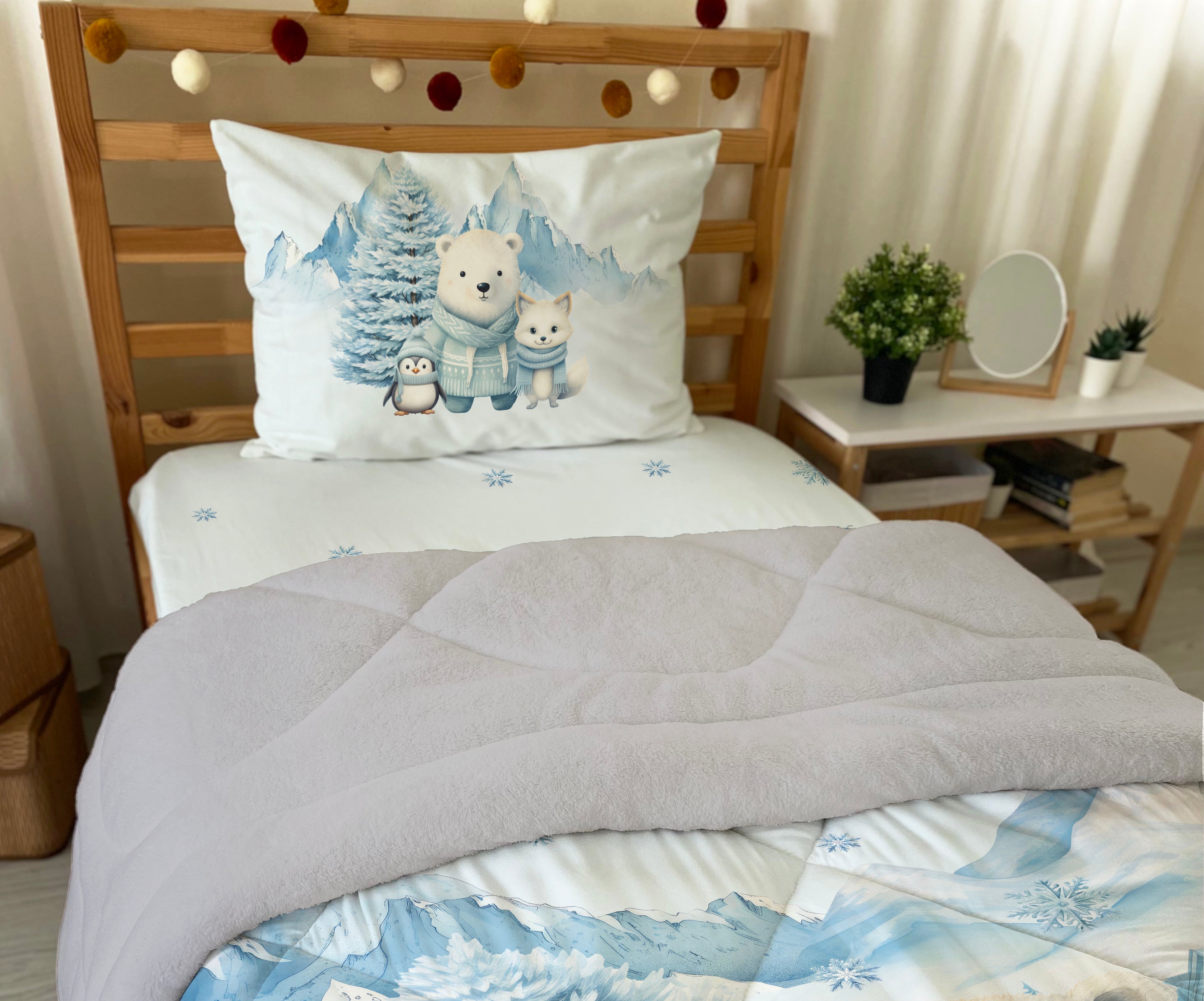Evmila Sevimli Kutup Hayvanları Desenli Peluş Uyku Seti (Gri Peluş)