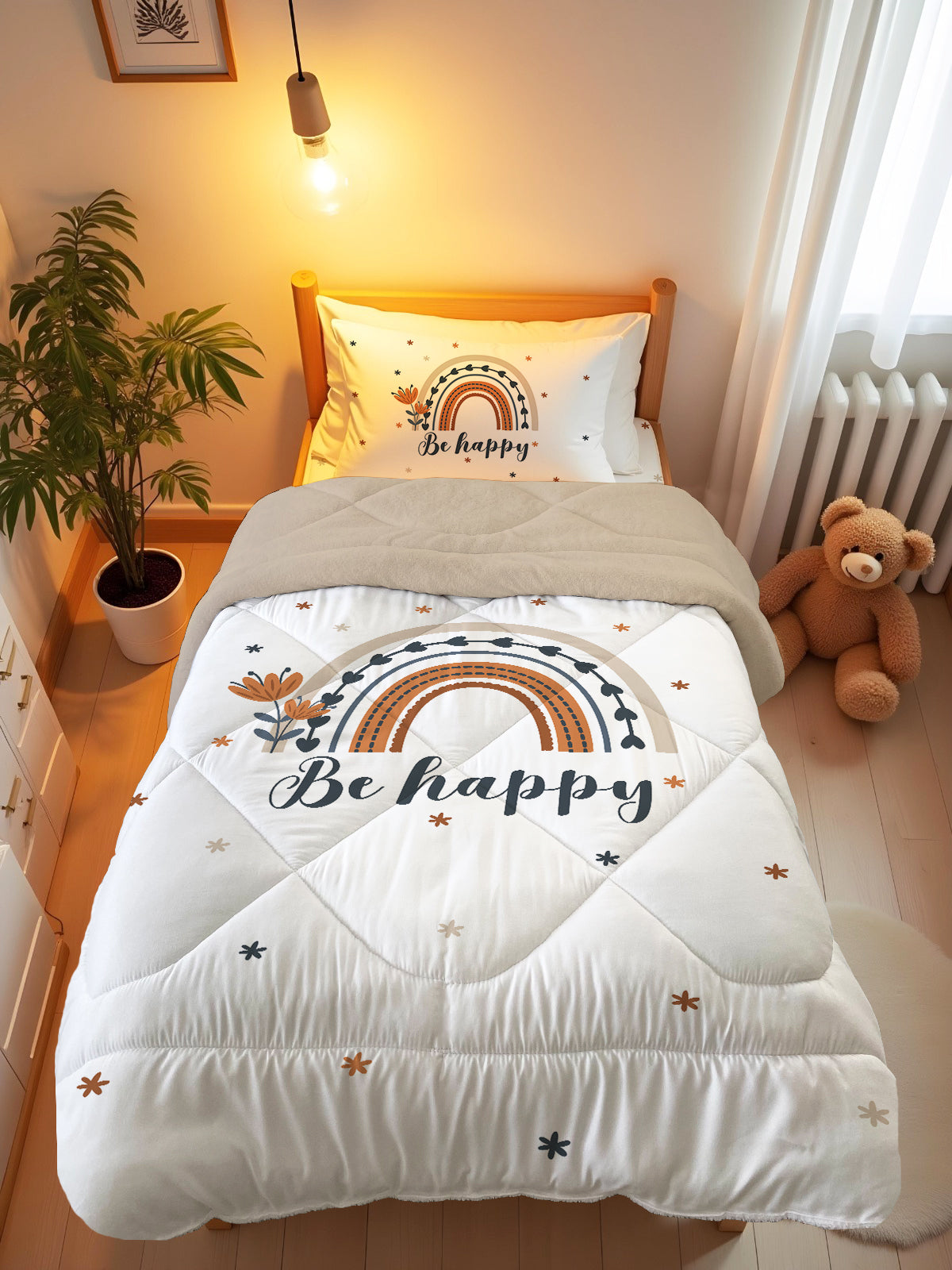 Evmila Rainbow Patterned Plush Sleeping Set (Beige Plush)