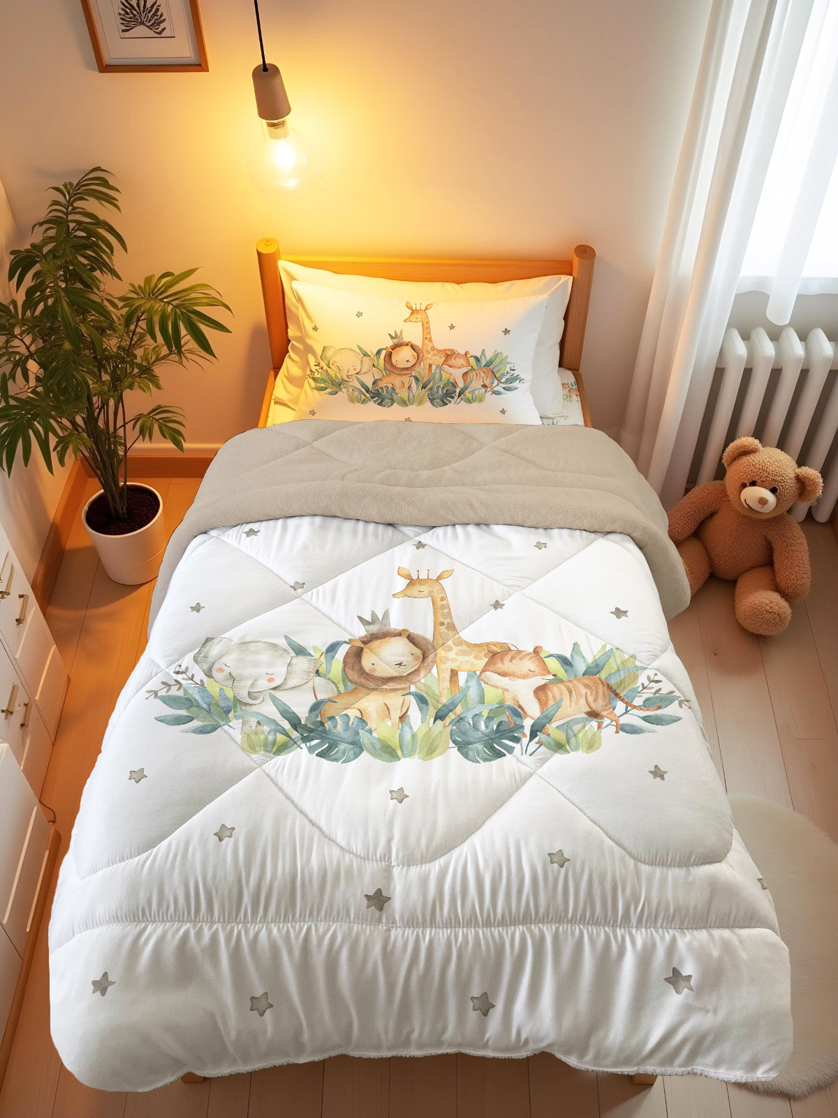 Evmila Sevimli Hayvanlar Desenli Peluş Uyku Seti (Bej Peluş)