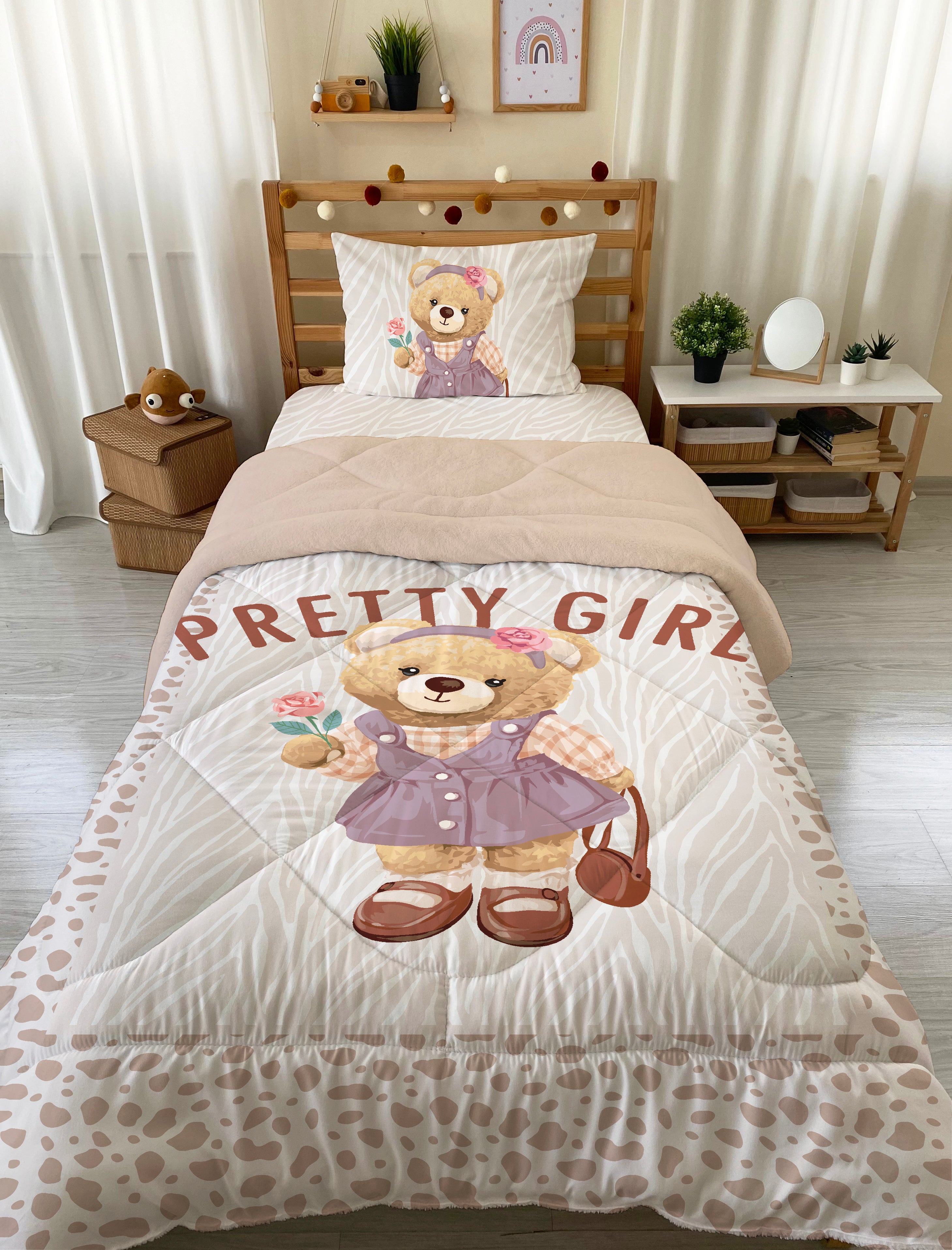 Evmila Cute Animals Patterned Plush Sleeping Set (Beige Plush)