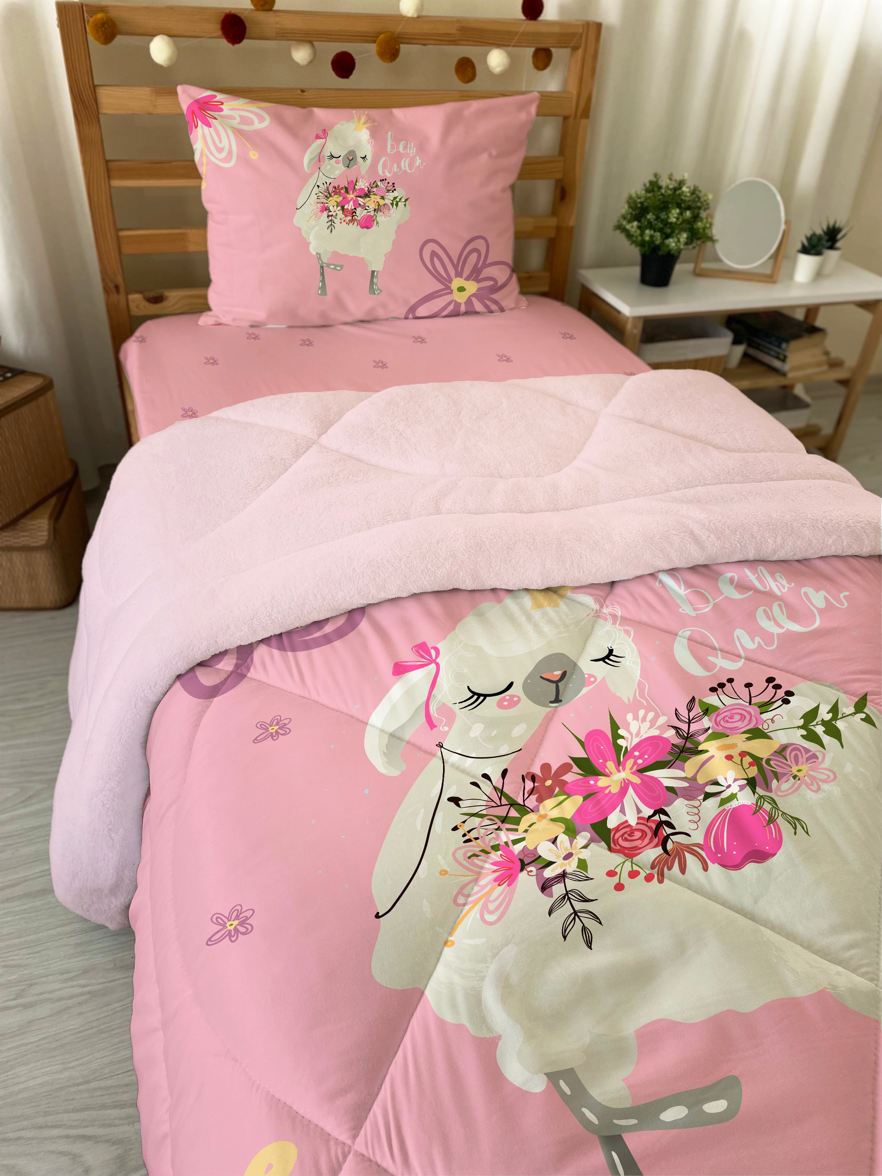Evmila Bow Tie Patterned Plush Sleeping Set (Pink Plush)