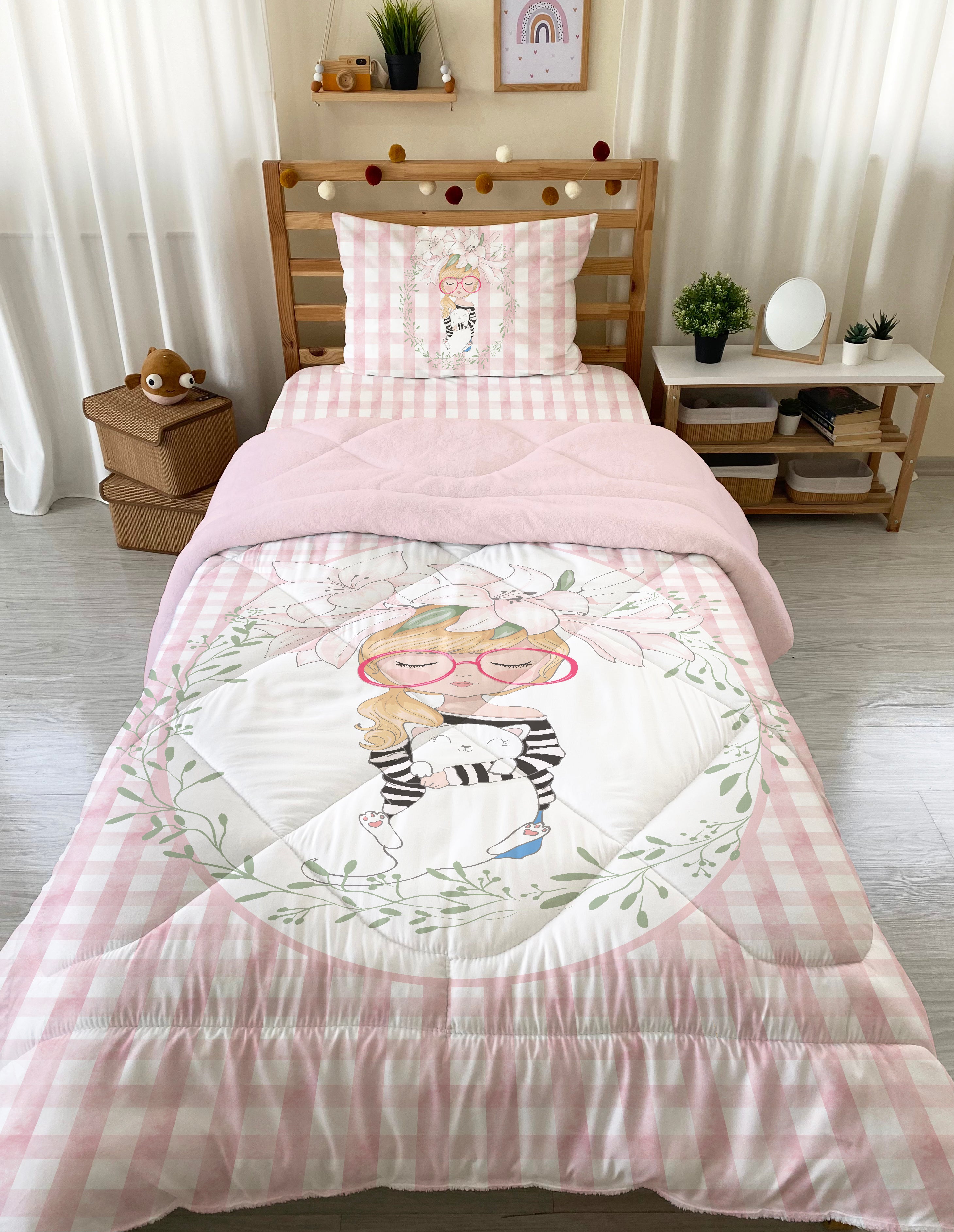 Evmila Bow Tie Patterned Plush Sleeping Set (Pink Plush)
