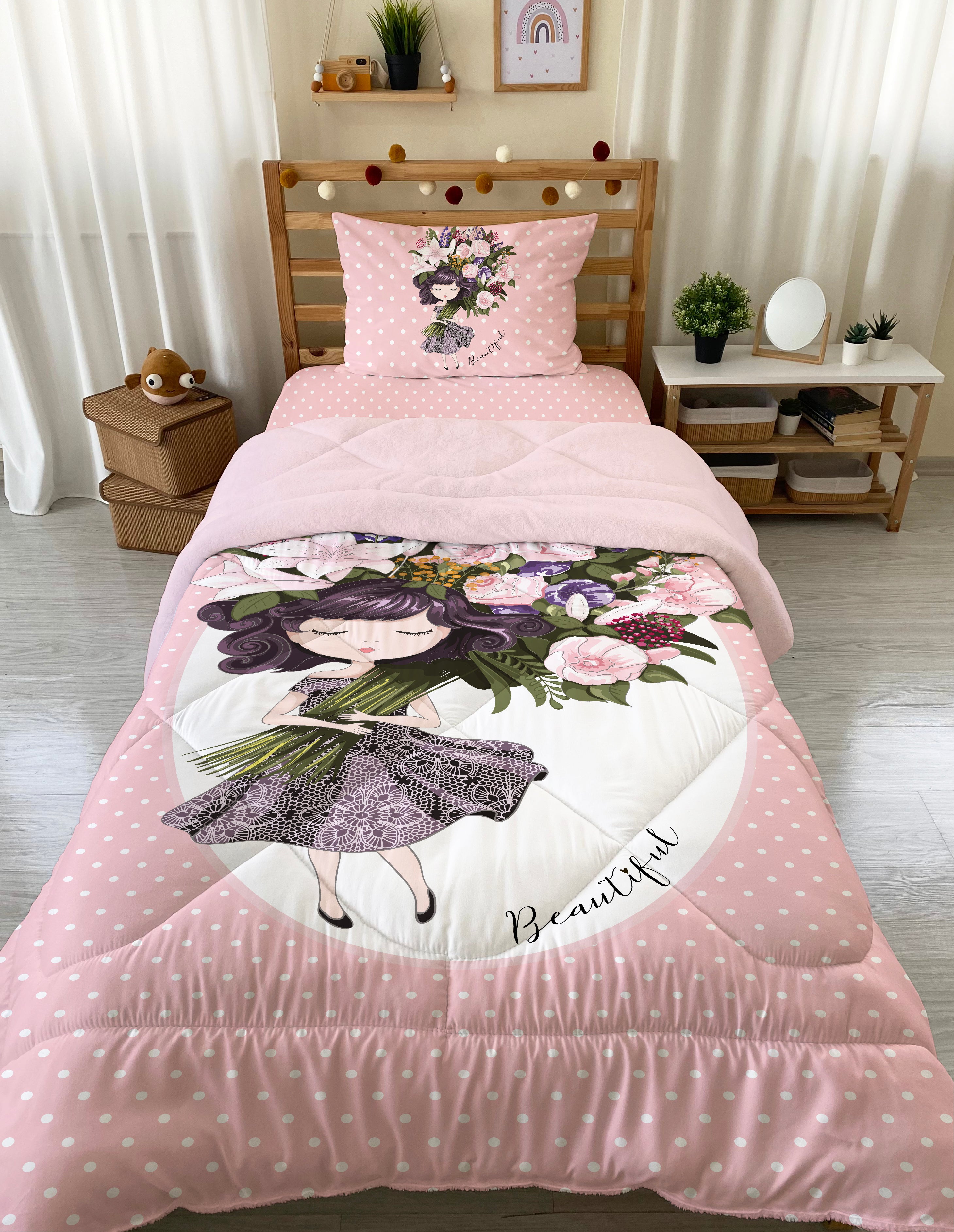 Evmila Bow Tie Patterned Plush Sleeping Set (Pink Plush)