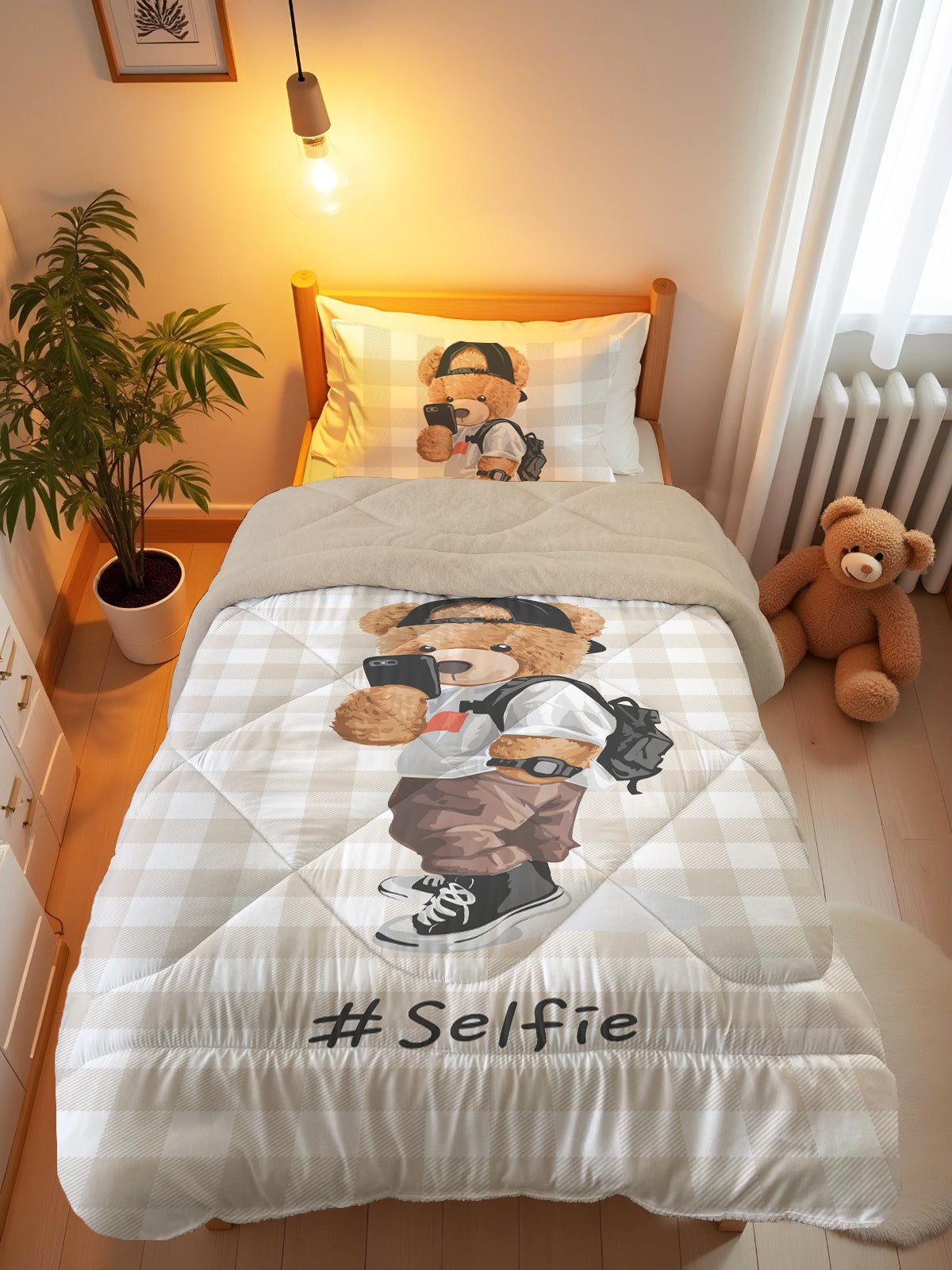 Evmila Ayıcık Desenli Peluş Uyku Seti (Bej Peluş)