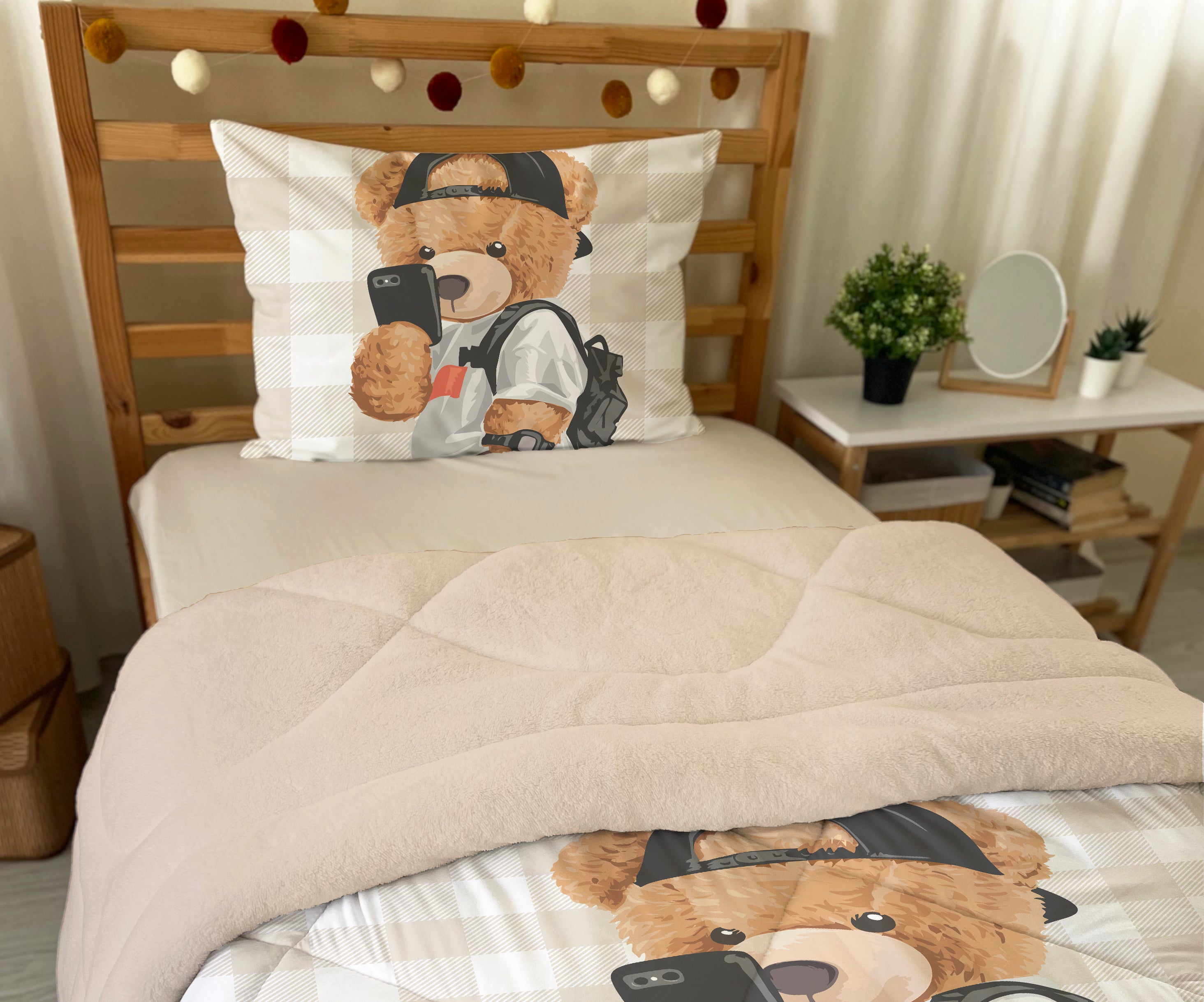 Evmila Ayıcık Desenli Peluş Uyku Seti (Bej Peluş)