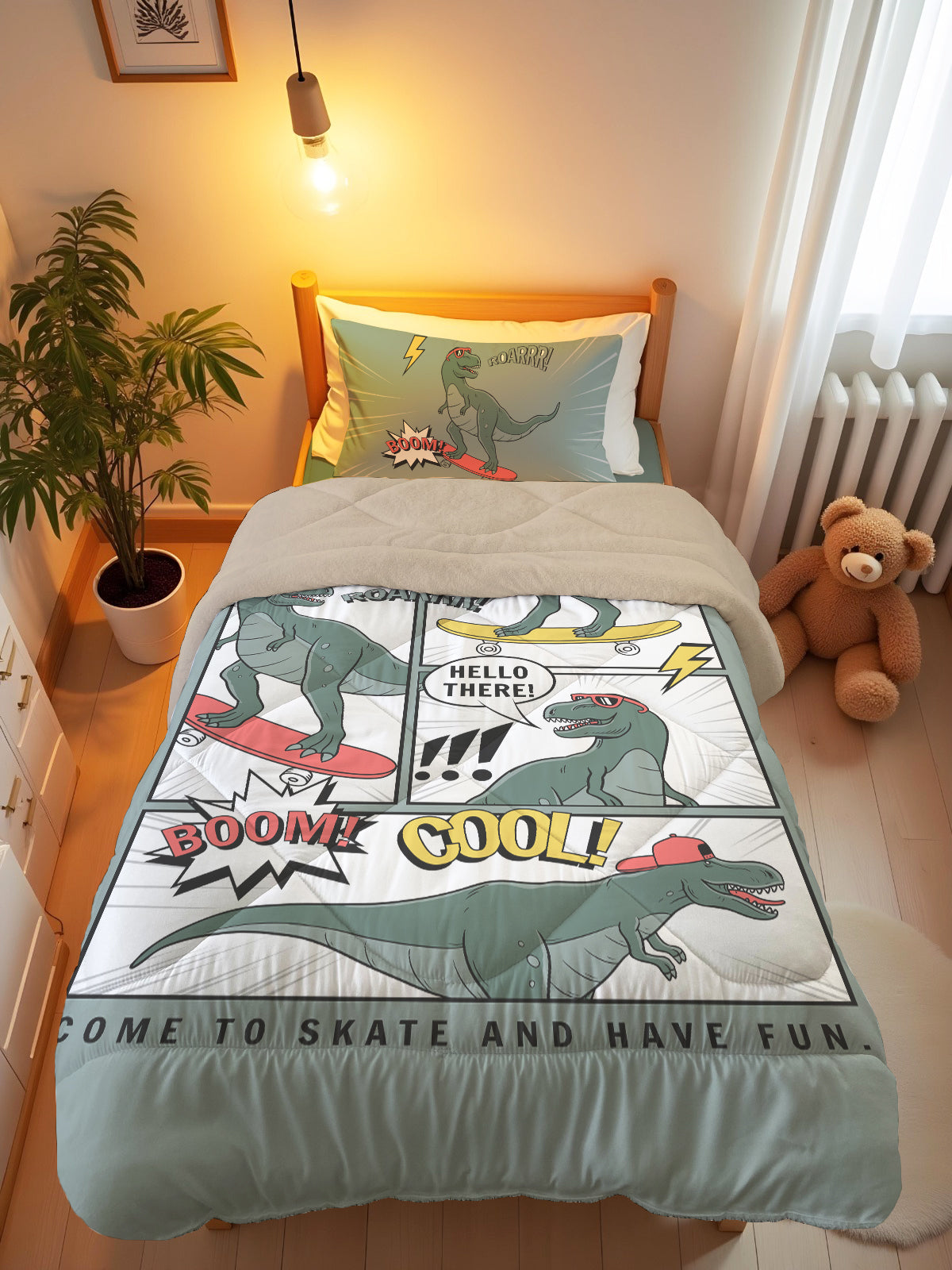 Evmila Dinozor Desenli Peluş Uyku Seti (Bej Peluş)