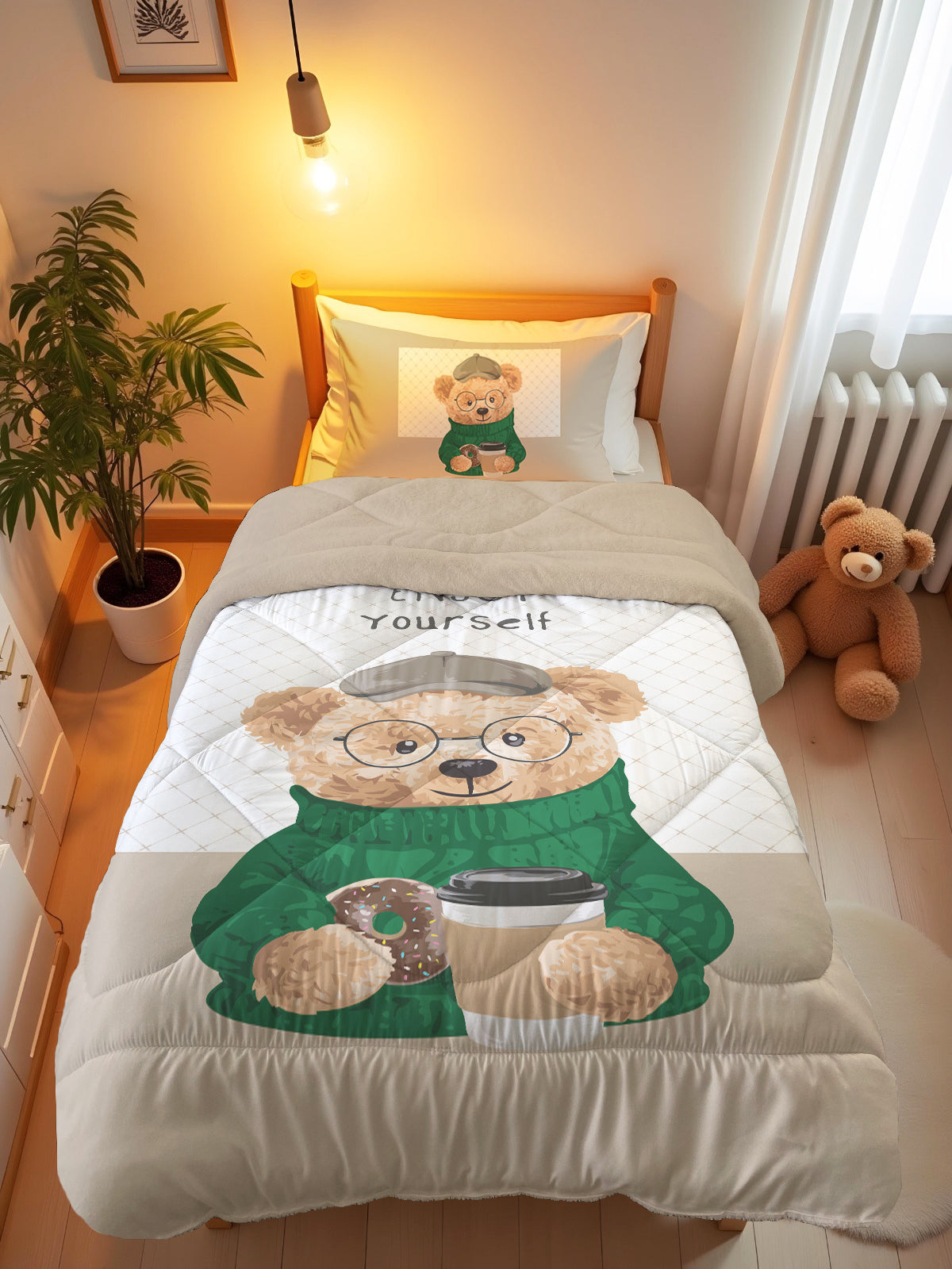 Evmila Ayıcık Desenli Peluş Uyku Seti (Bej Peluş)