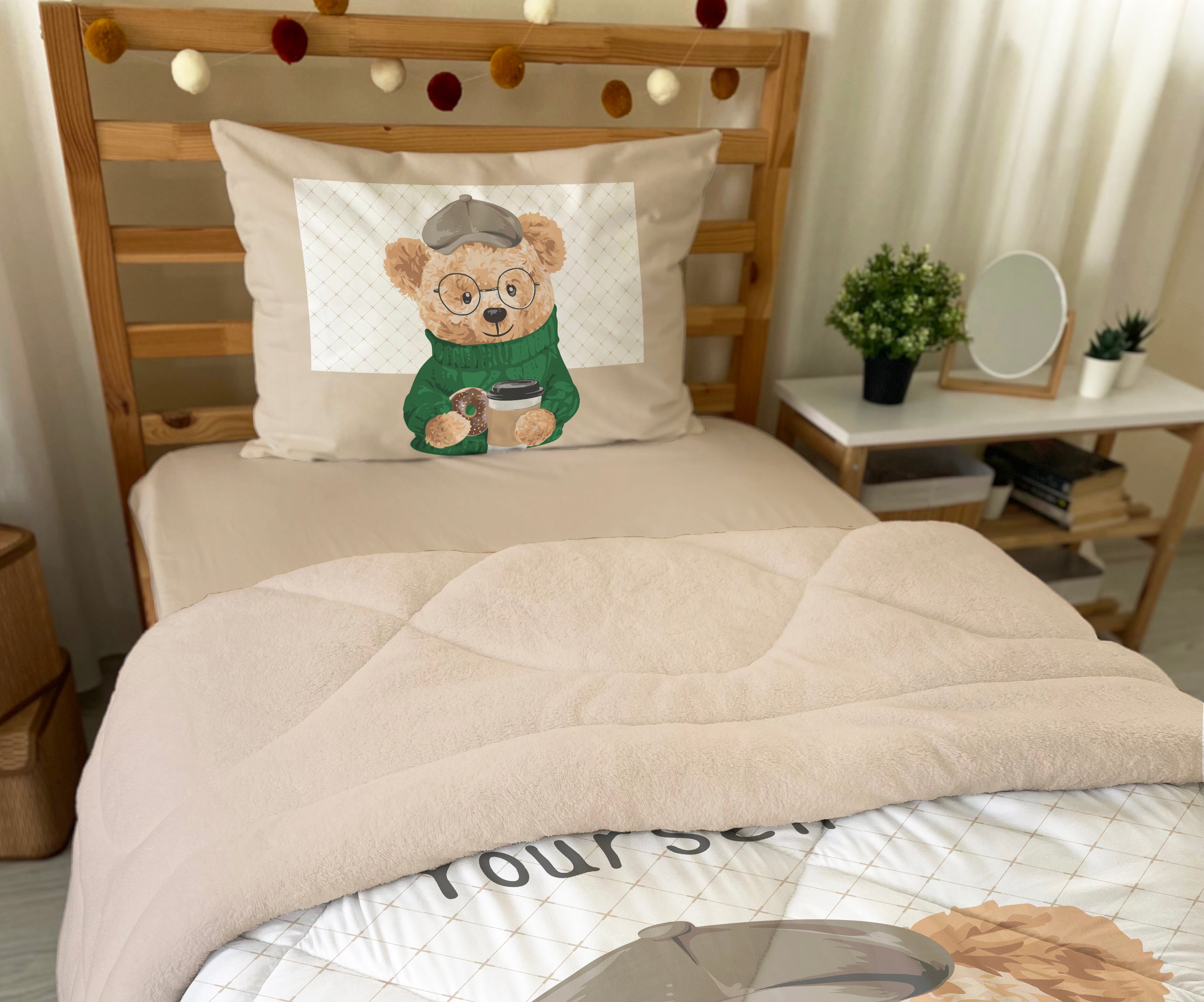 Evmila Ayıcık Desenli Peluş Uyku Seti (Bej Peluş)