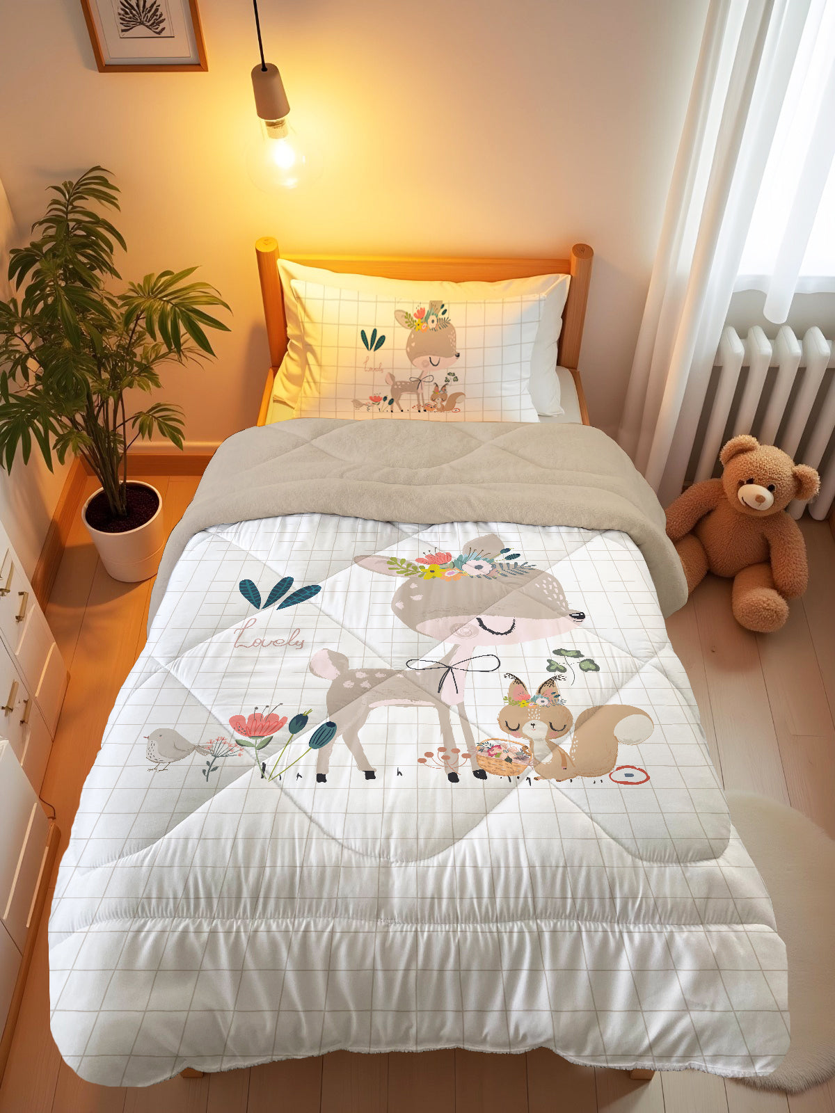 Evmila Minik Geyik Desenli Peluş Uyku Seti (Bej Peluş)