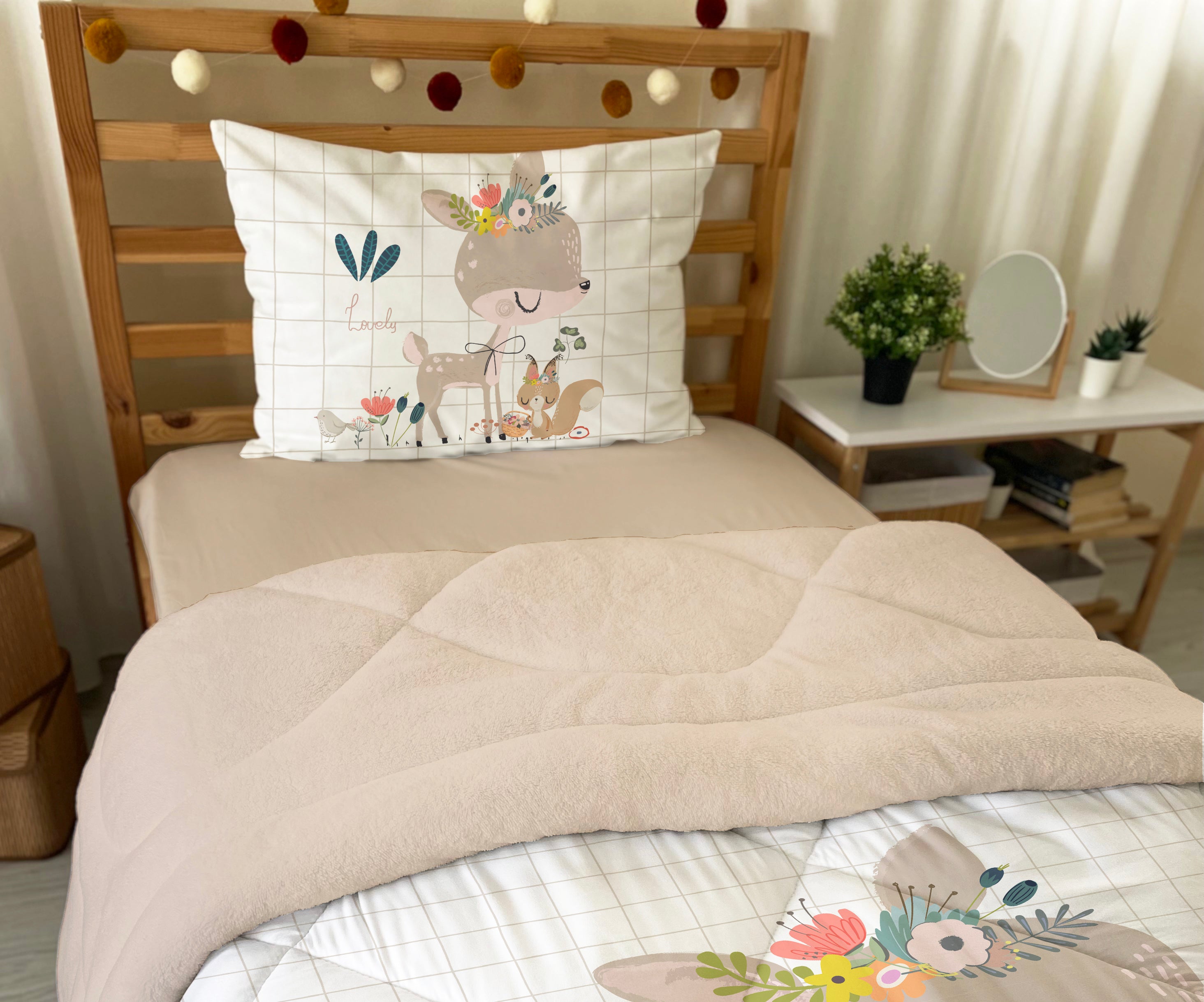 Evmila Minik Geyik Desenli Peluş Uyku Seti (Bej Peluş)