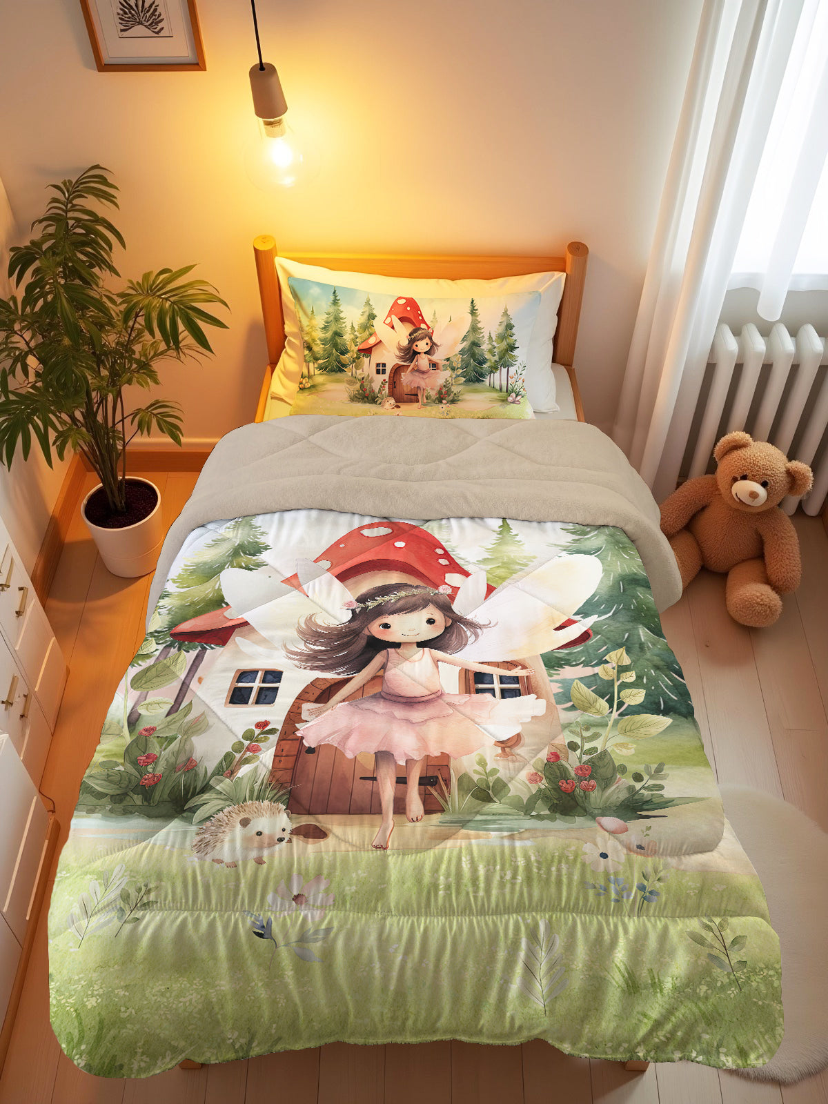 Evmila Masal Prensesi Desenli Peluş Uyku Seti (Bej Peluş)