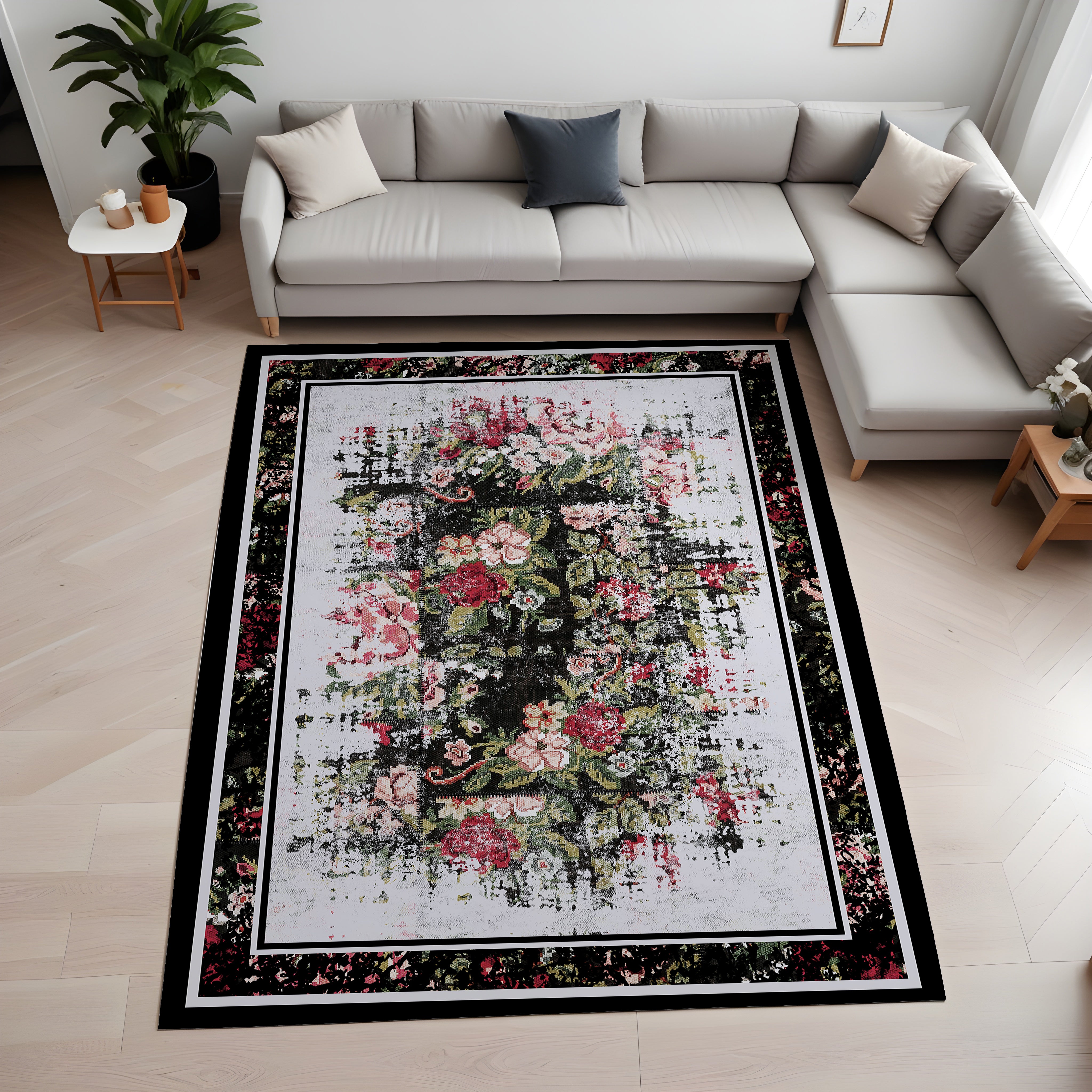 Evmila Eskitme Çiçek Desenli Modern Halı