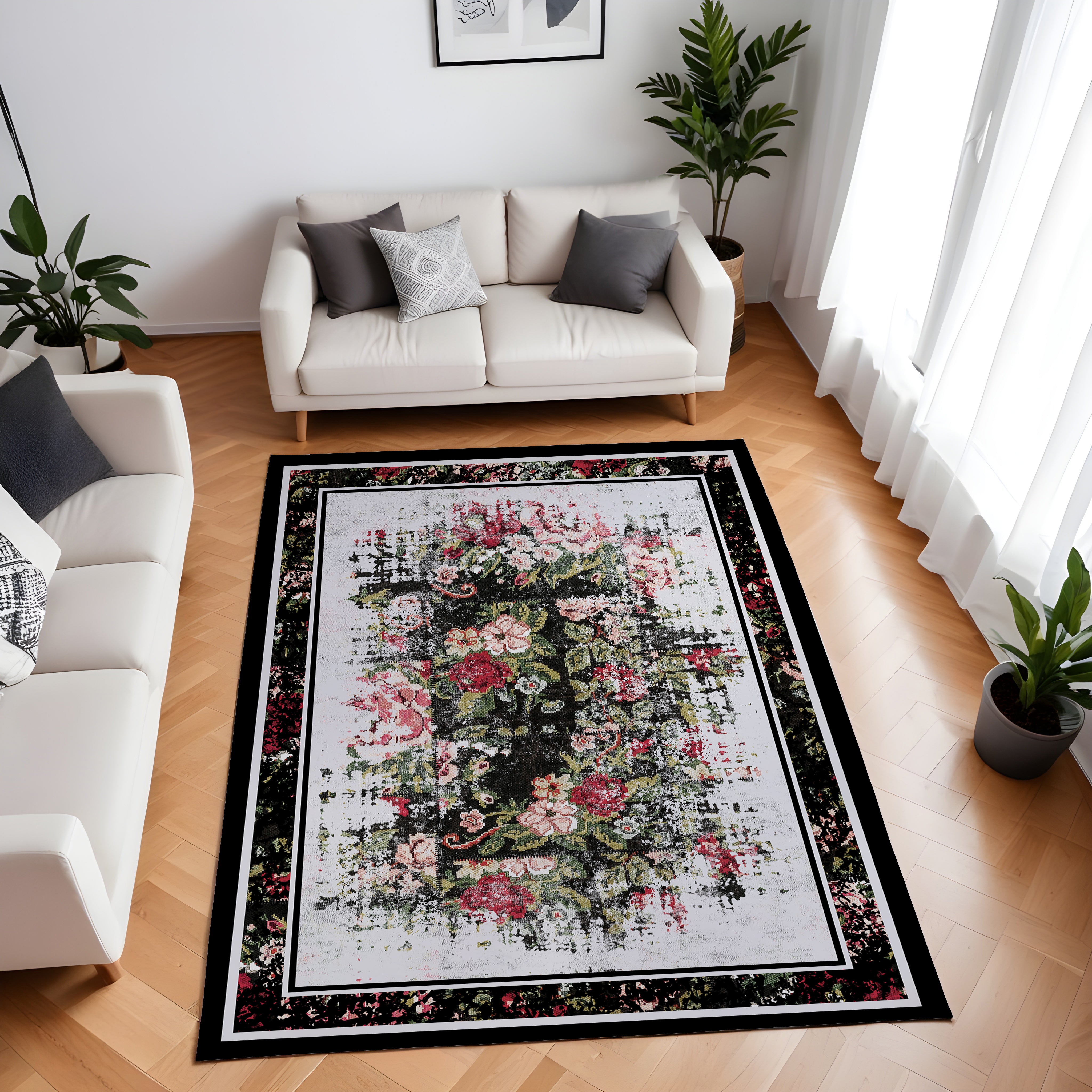 Evmila Eskitme Çiçek Desenli Modern Halı