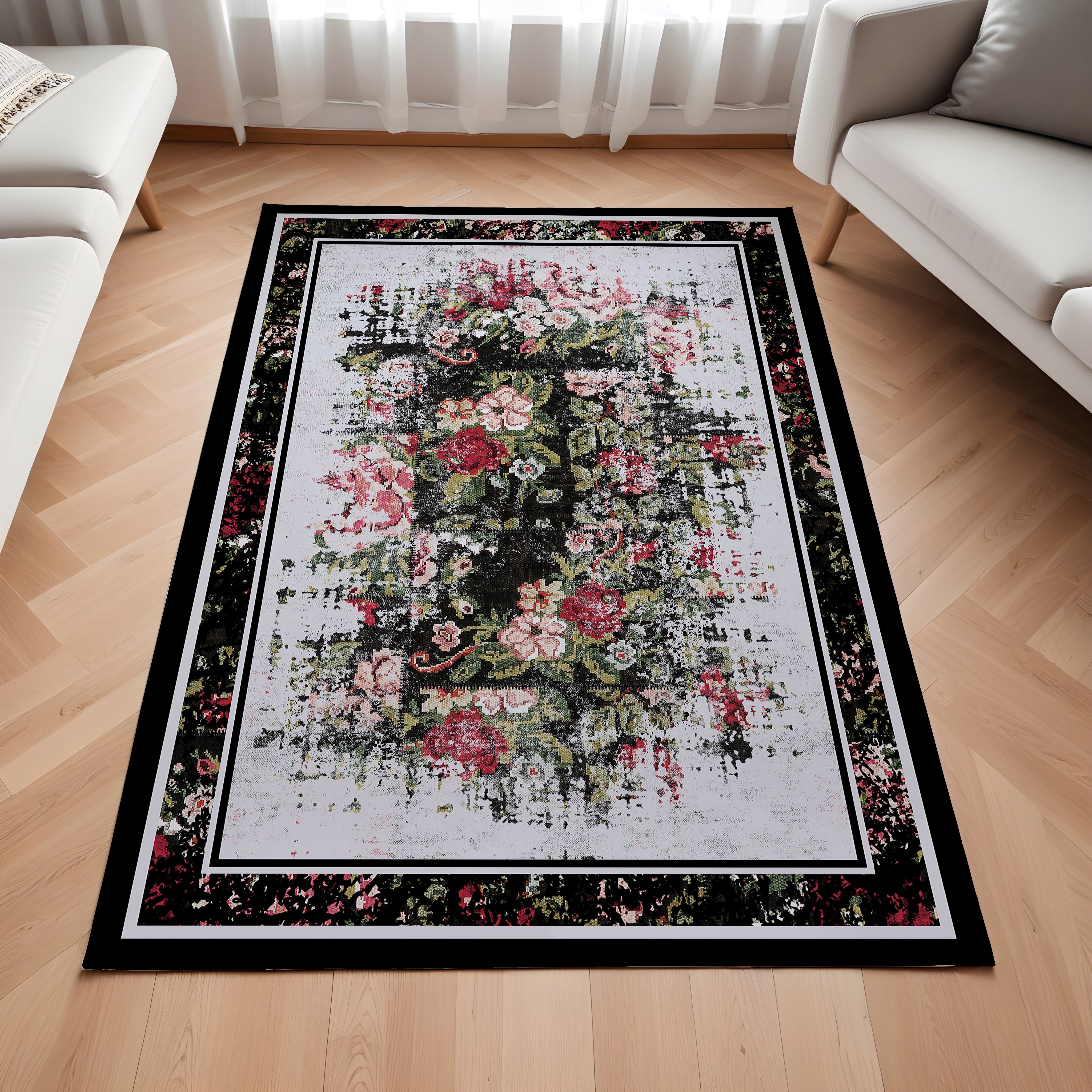 Evmila Eskitme Çiçek Desenli Modern Halı