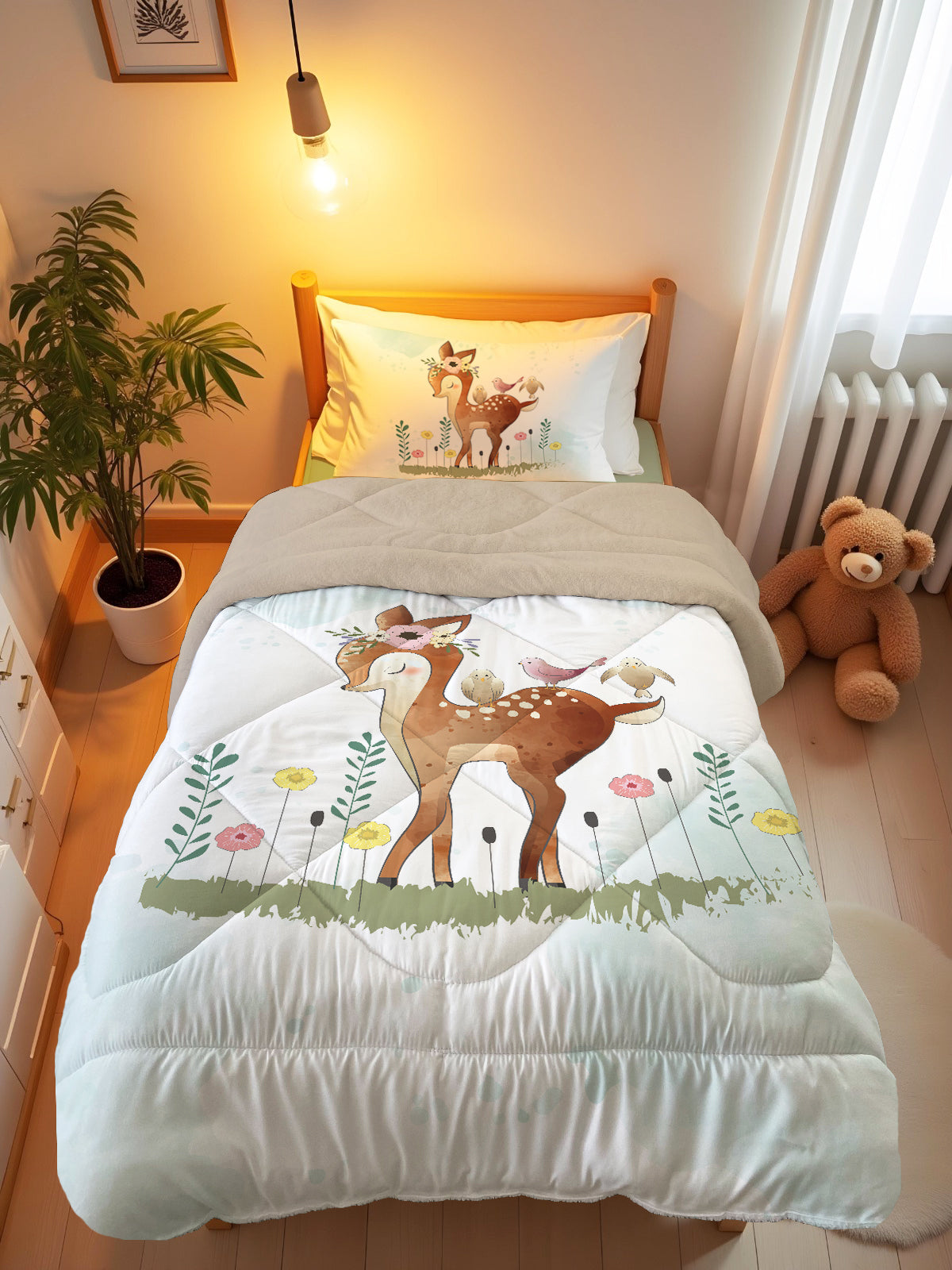 Evmila Sevimli Geyik Desenli Peluş Uyku Seti (Bej Peluş)