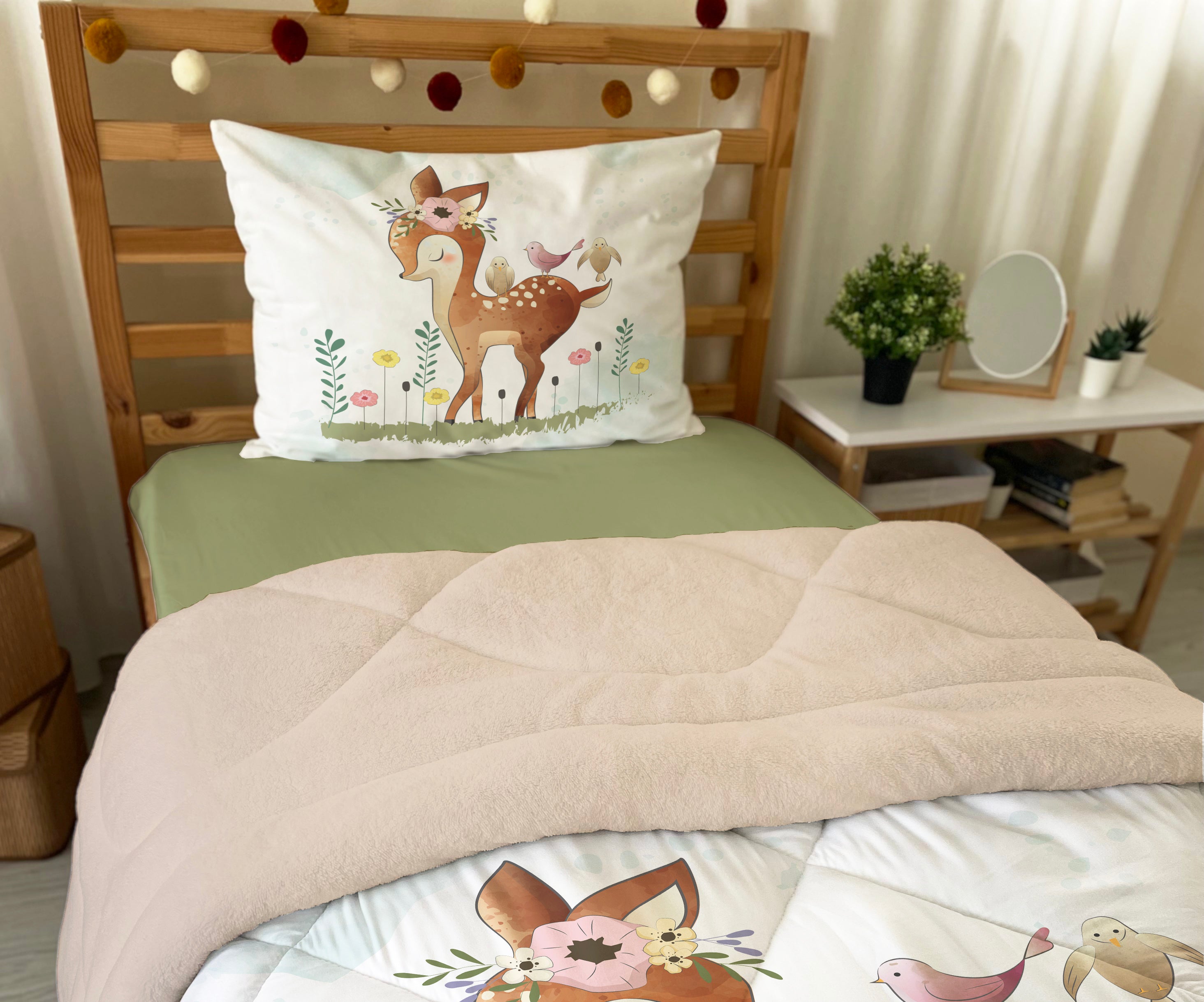 Evmila Sevimli Geyik Desenli Peluş Uyku Seti (Bej Peluş)