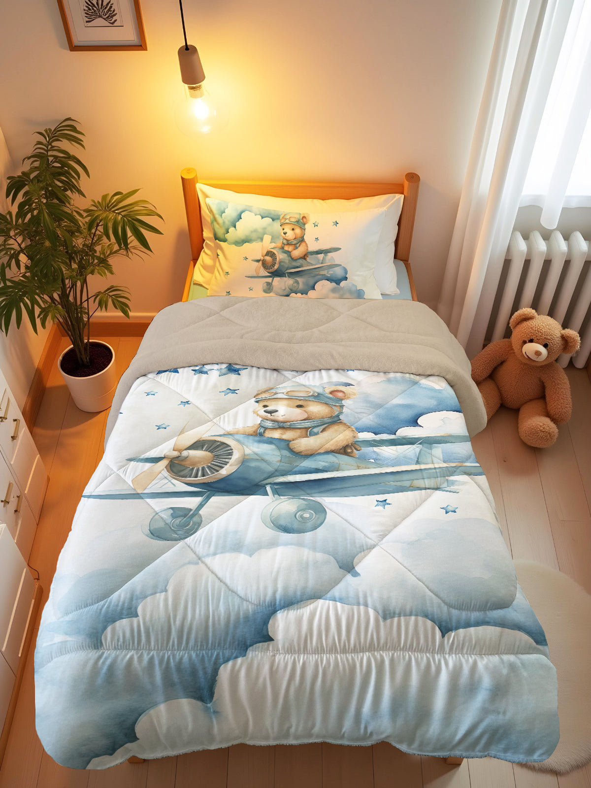 Evmila Pilot Ayıcık Desenli Peluş Uyku Seti (Bej Peluş)