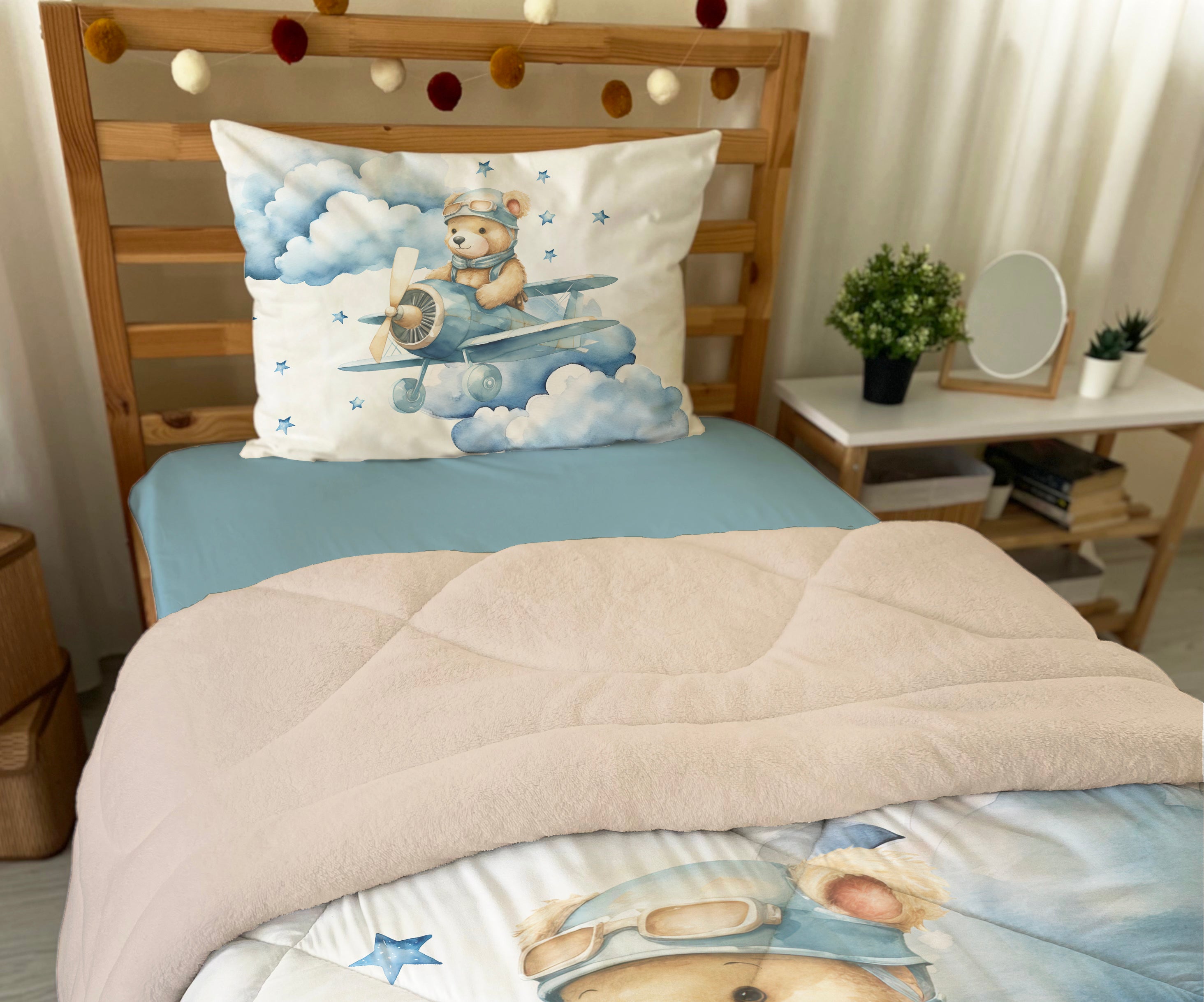 Evmila Pilot Ayıcık Desenli Peluş Uyku Seti (Bej Peluş)