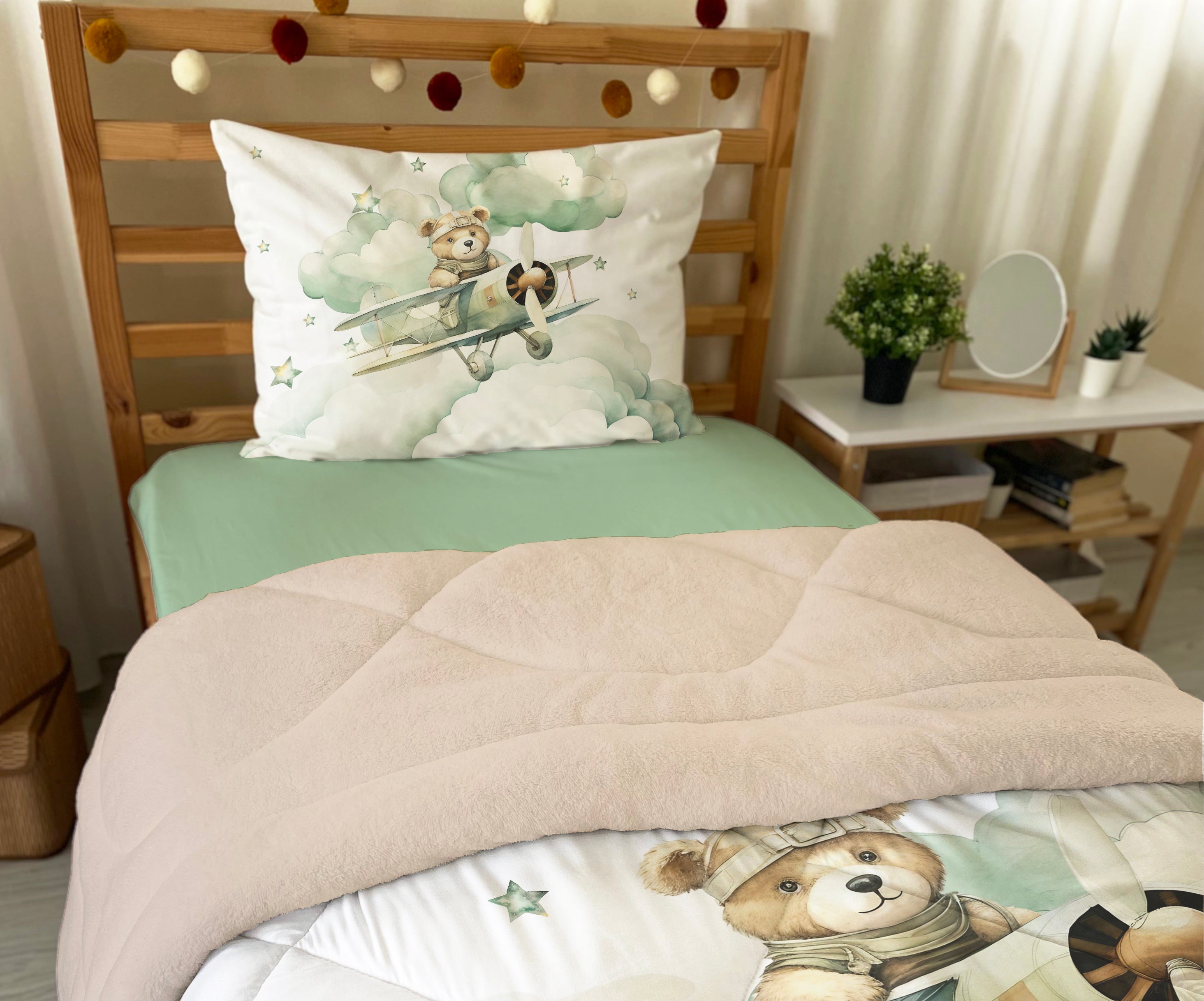 Evmila Pilot Ayıcık Desenli Peluş Uyku Seti (Bej Peluş)