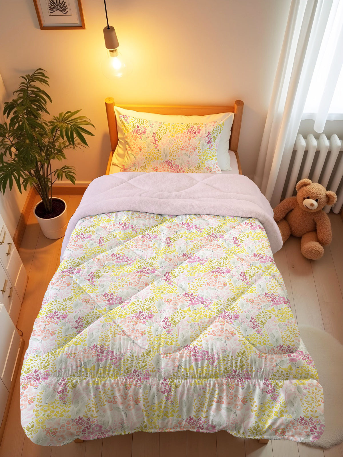 Evmila Minik Çiçekler Desenli Peluş Uyku Seti (Pembe Peluş)