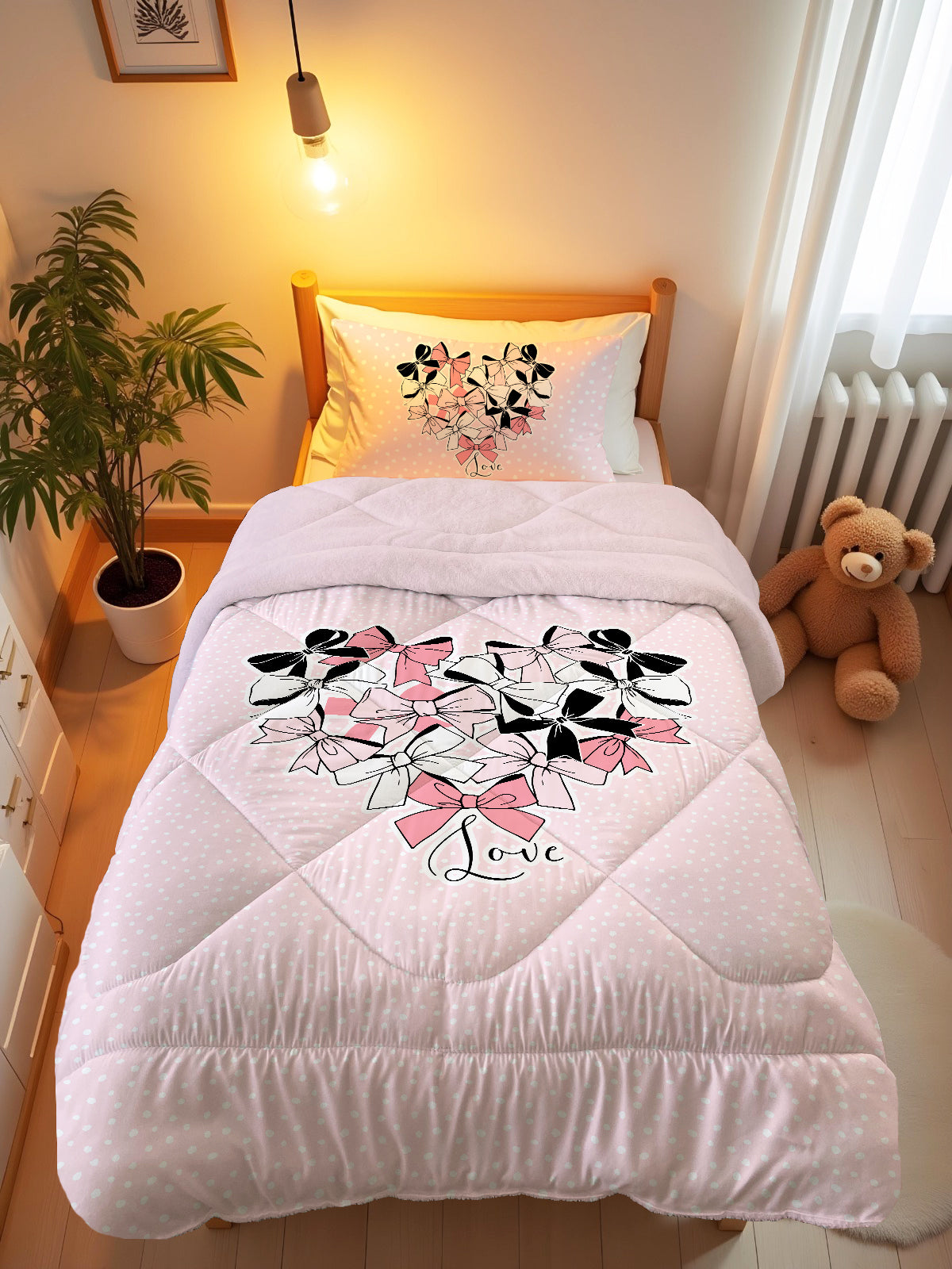 Evmila Bow Tie Patterned Plush Sleeping Set (Pink Plush)