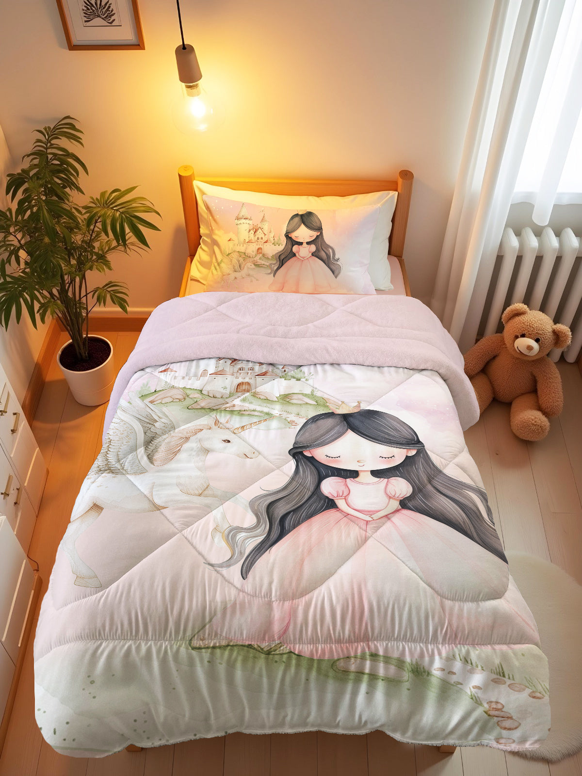 Evmila Masal Prensesi Desenli Peluş Uyku Seti (Pembe Peluş)