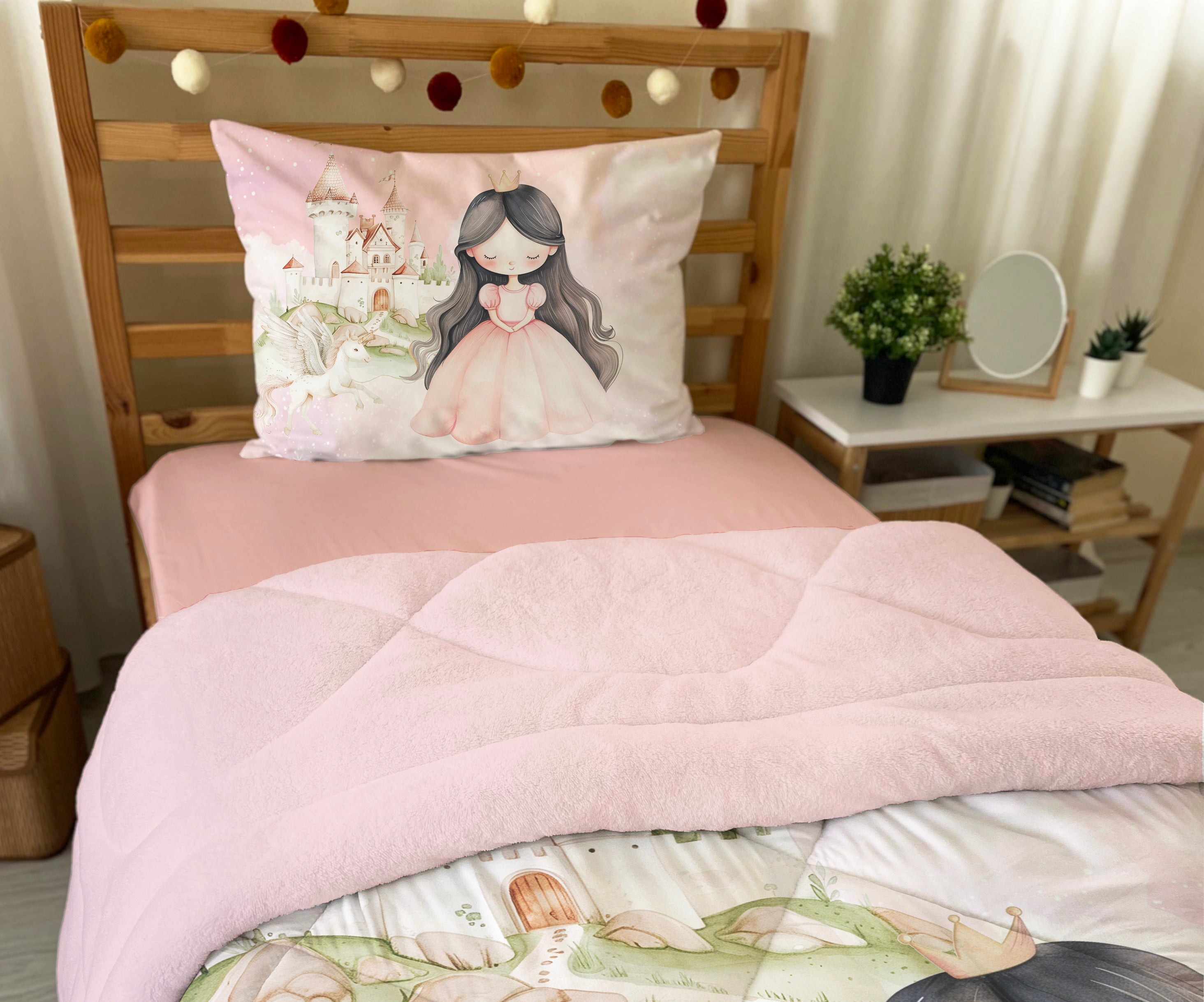 Evmila Masal Prensesi Desenli Peluş Uyku Seti (Pembe Peluş)