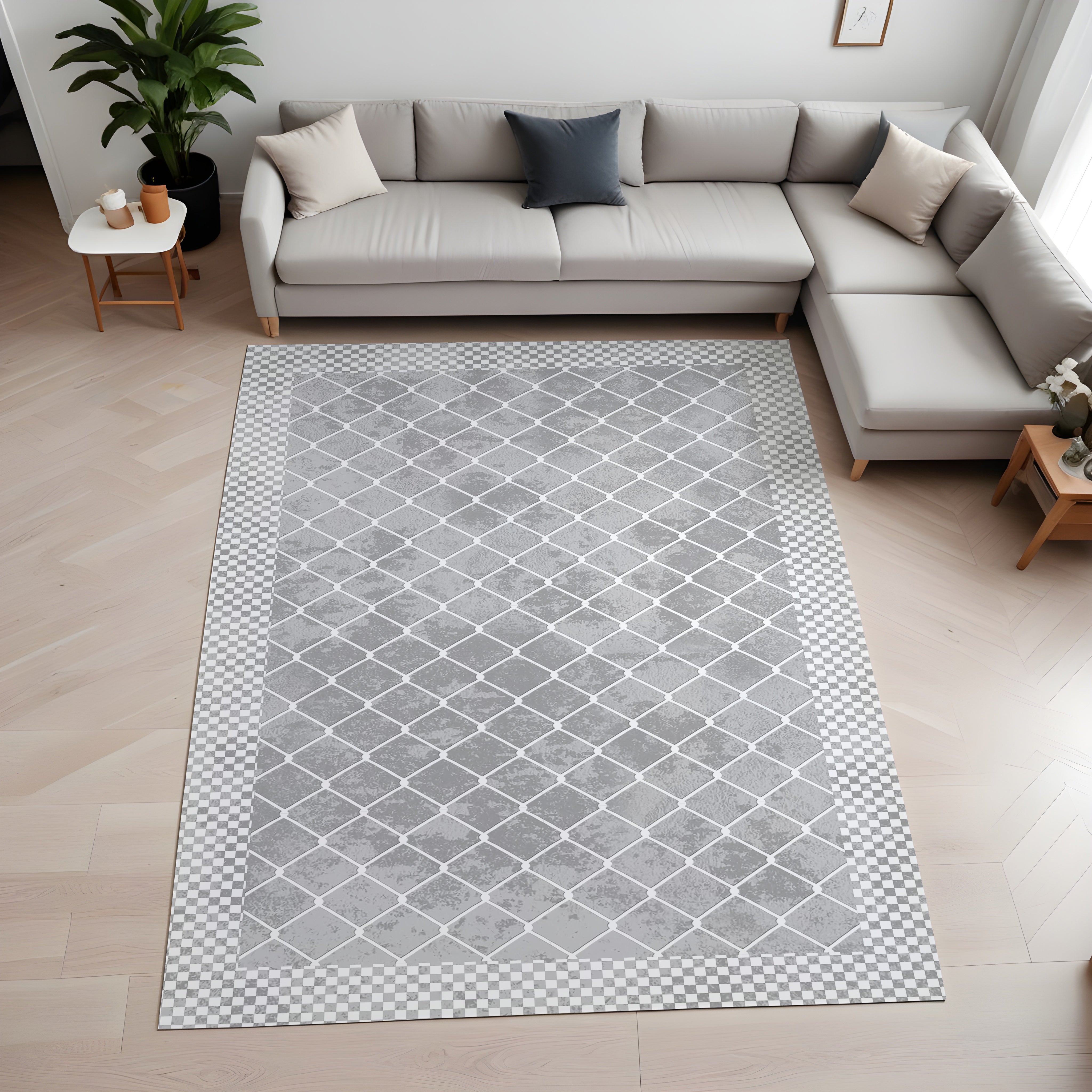 Evmila Gri Geometrik Desenli Modern Halı