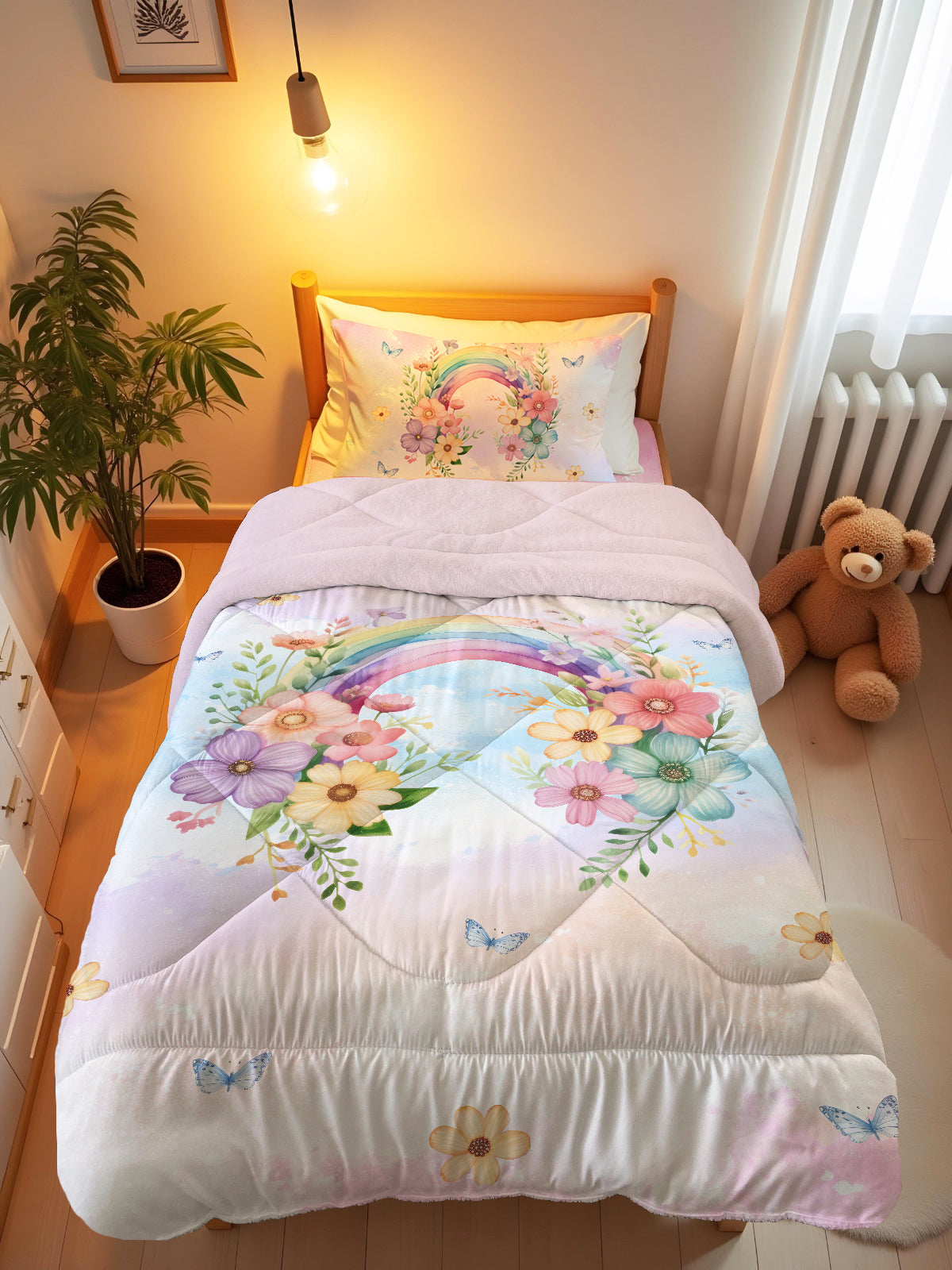 Evmila Çiçekli Gökkuşağı Desenli Peluş Uyku Seti (Pembe Peluş)